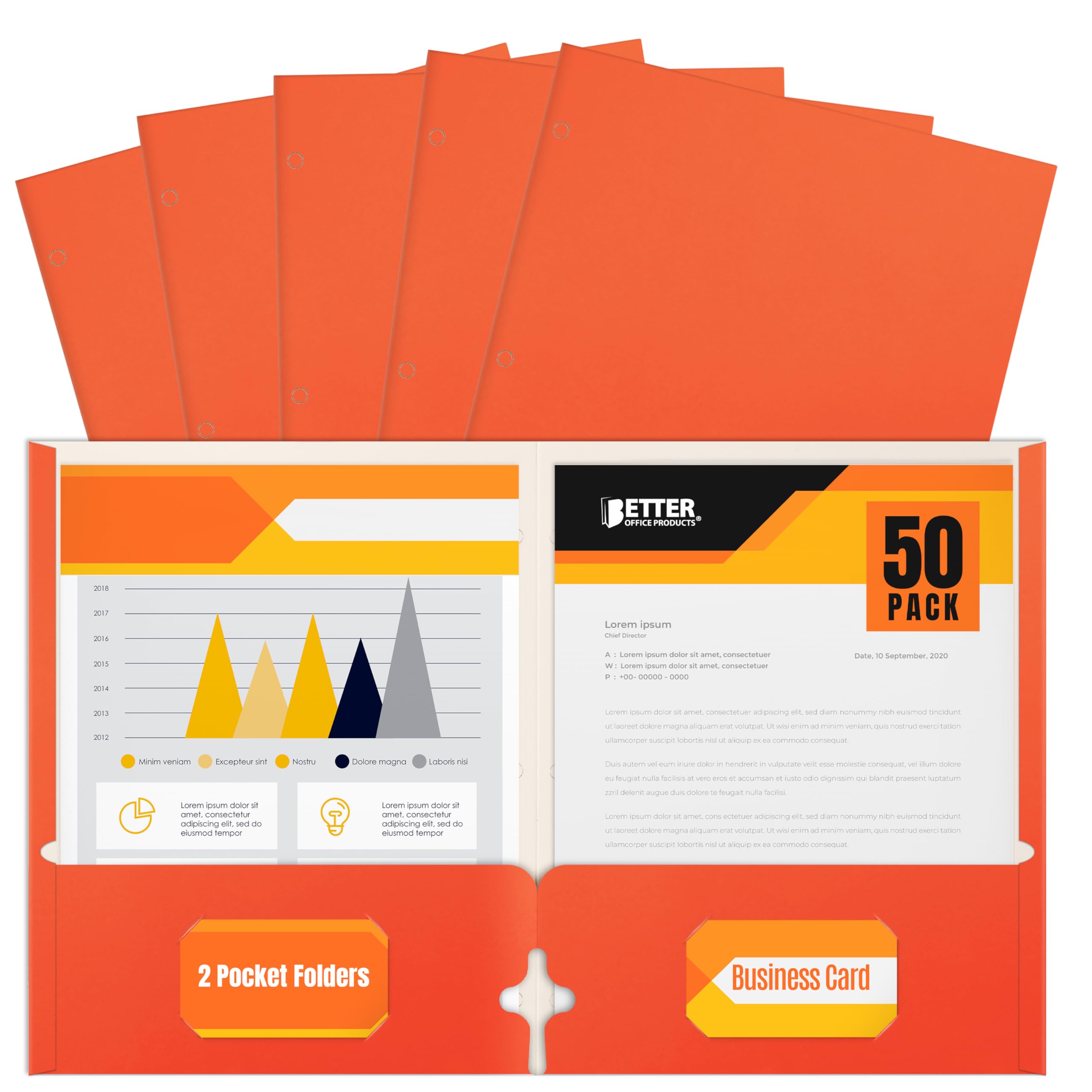 Two Pocket Portfolio Folders, 50-Pack, Orange, Letter Size Paper Folders, by Better Office Products, 50 Pieces, Orange