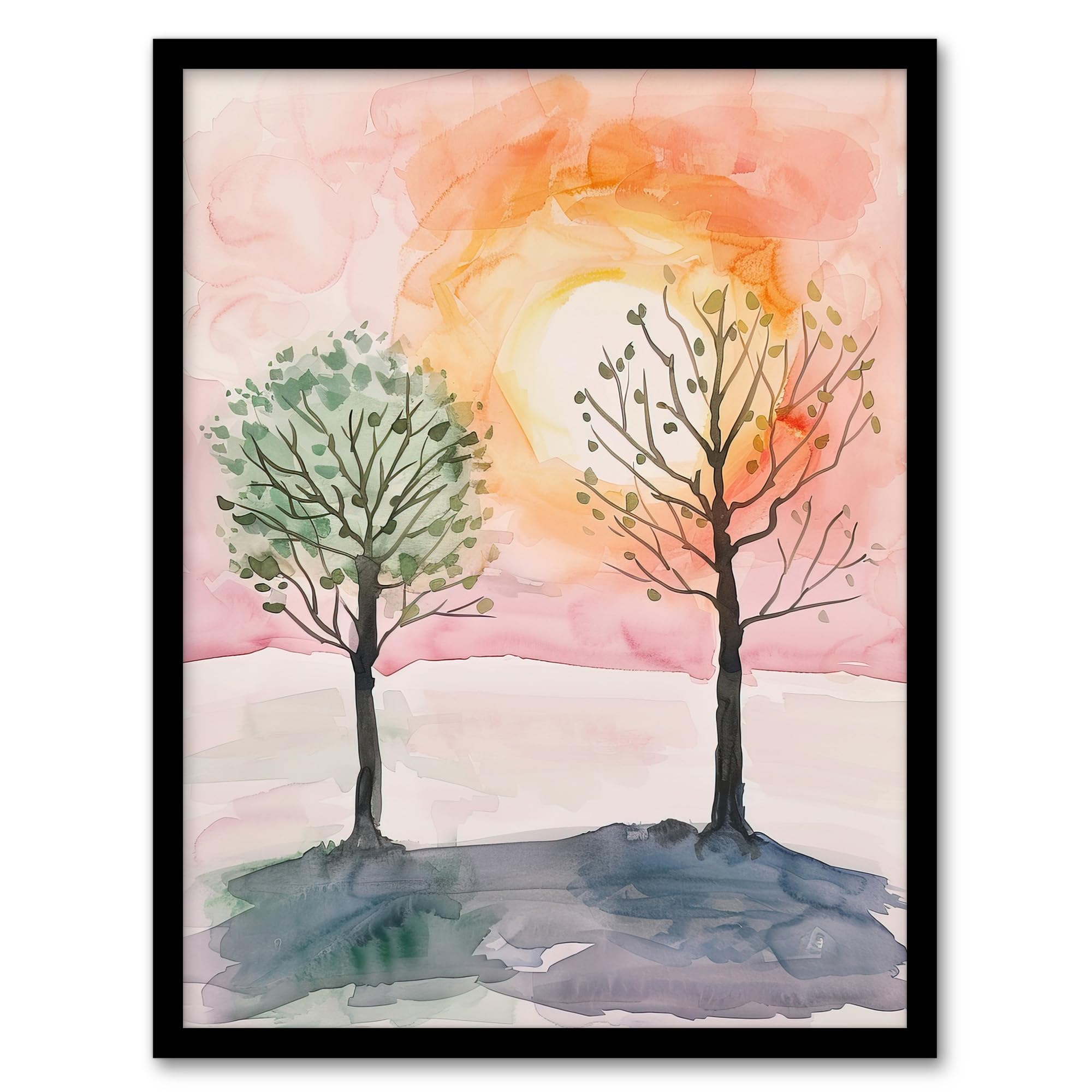 Two Summer Trees in Pink Orange Sunset Landscape Framed Wall Art - Artery8 - A4