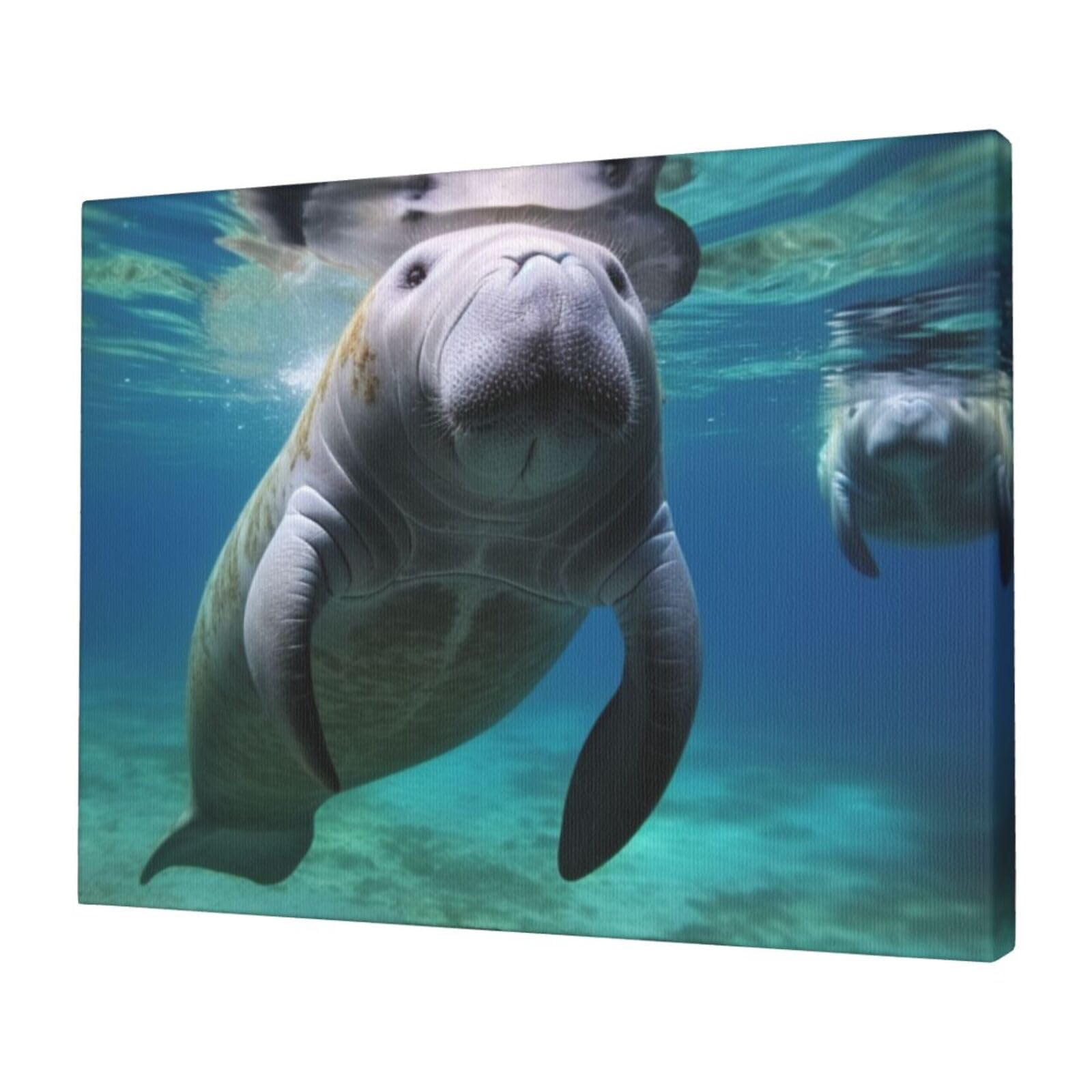 KLOPH Ocean Animal Manatee Canvas Wall Art for Living Room 12"x16" Modern Artwork Painting for Bathroom Hanging Canvas Prints Aesthetic Wallart for Bedroom Kitchen Office Wall Decor