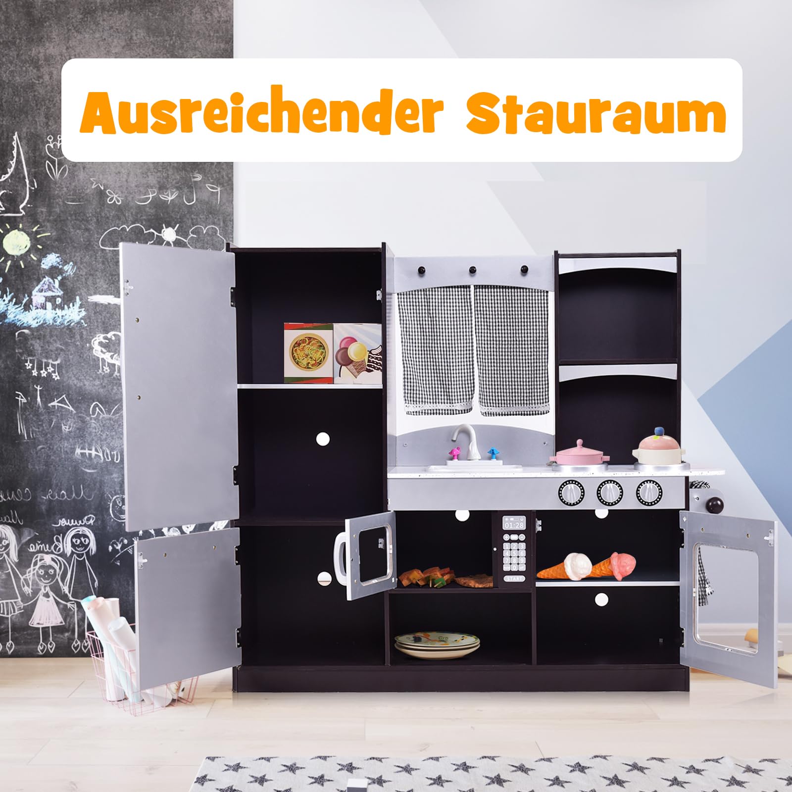 DREAMADE Moderne Kinderküche mit Spüle Herd Backofen Kühlschrank Mikrowelle, Kinderspielküche, Spielküche aus Holz für Kinder ab 3 Jahren kaffeebraun