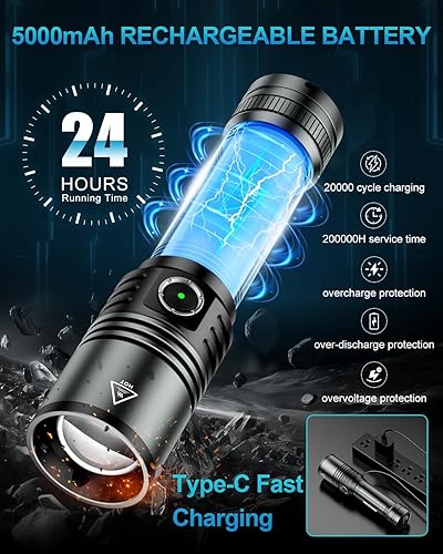 Miniatura 7 de Linterna recargable con lente de encendido, ligera luz de flash súper brillante de 1500 lúmenes, 5 modos con zoom, tipo C, linternas tácticas de