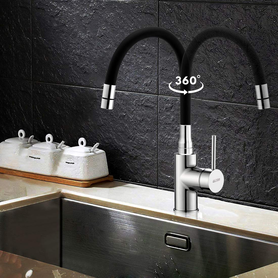 ALTON LEO12195 Brass Single Lever Sink Mixer with Dual Flow Flexible Swivel Spout, Black & Chrome Finish 4