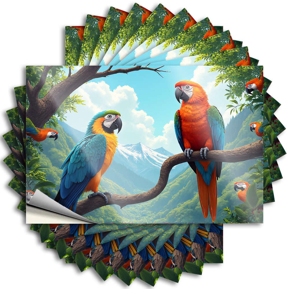 Colorful Macaws Perched On Branches in A Lush, Mountainous Forest Core Funny - Decal Bottle Waterproof Decal(12X18CM)