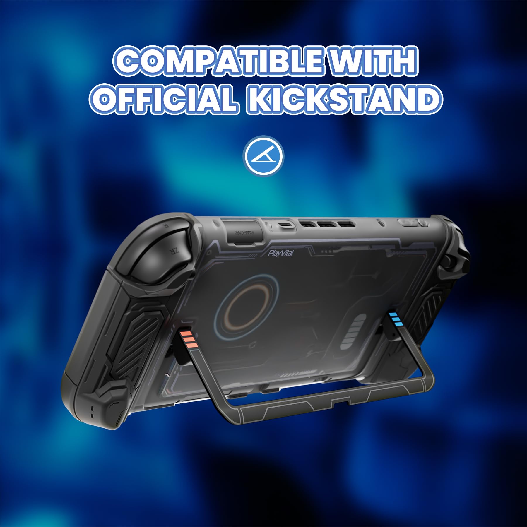 PlayVital Protective Case for Nintendo Switch 2, Stellar Mecha Ergonomic Anti-Slip Silicone Grip Cover, Dockable Hard Case Shell for Switch 2 with Joystick Cap & Sticker - Black - 3