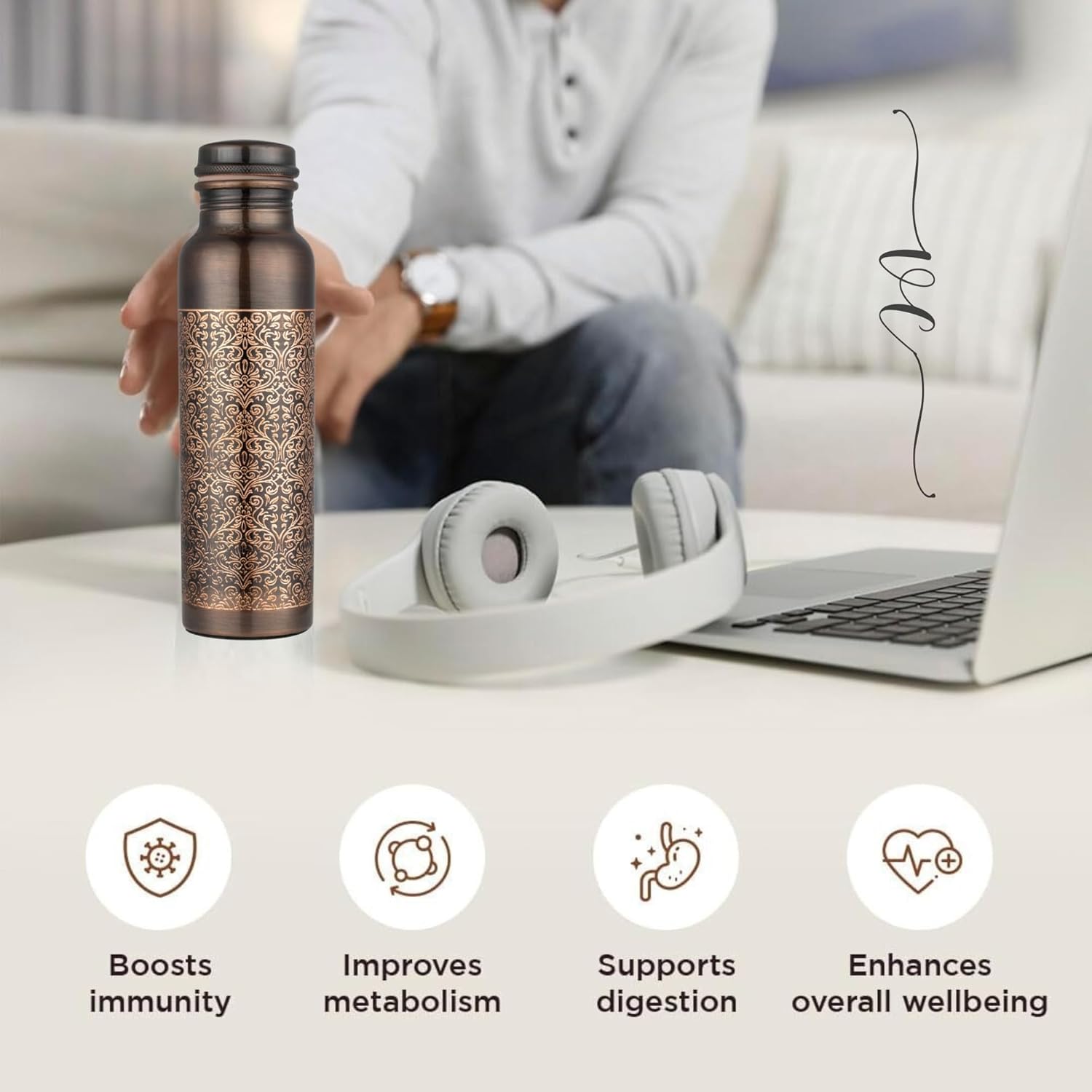 Pure Copper Water Bottle - Indian Handmade Ayurveda Healing Benefit Water Bottle for Drinking, Travel, Hiking, Gym, Office, Outdoor - Antique Finish - 950 ML - Image 7