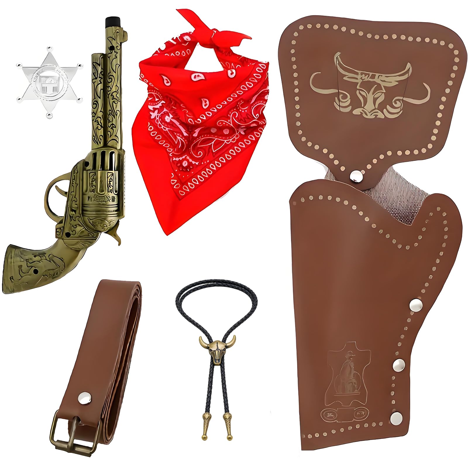 GMBANK 7 Pcs Cowboy Outfit, Western Cowboy Costume Set with Paisley Bandanna, Waist Belt, Sheriff Badge, Necklace, Cowboy Fancy Dress Accessories for Men Women Party, Cosplay and Hippie Disco Events