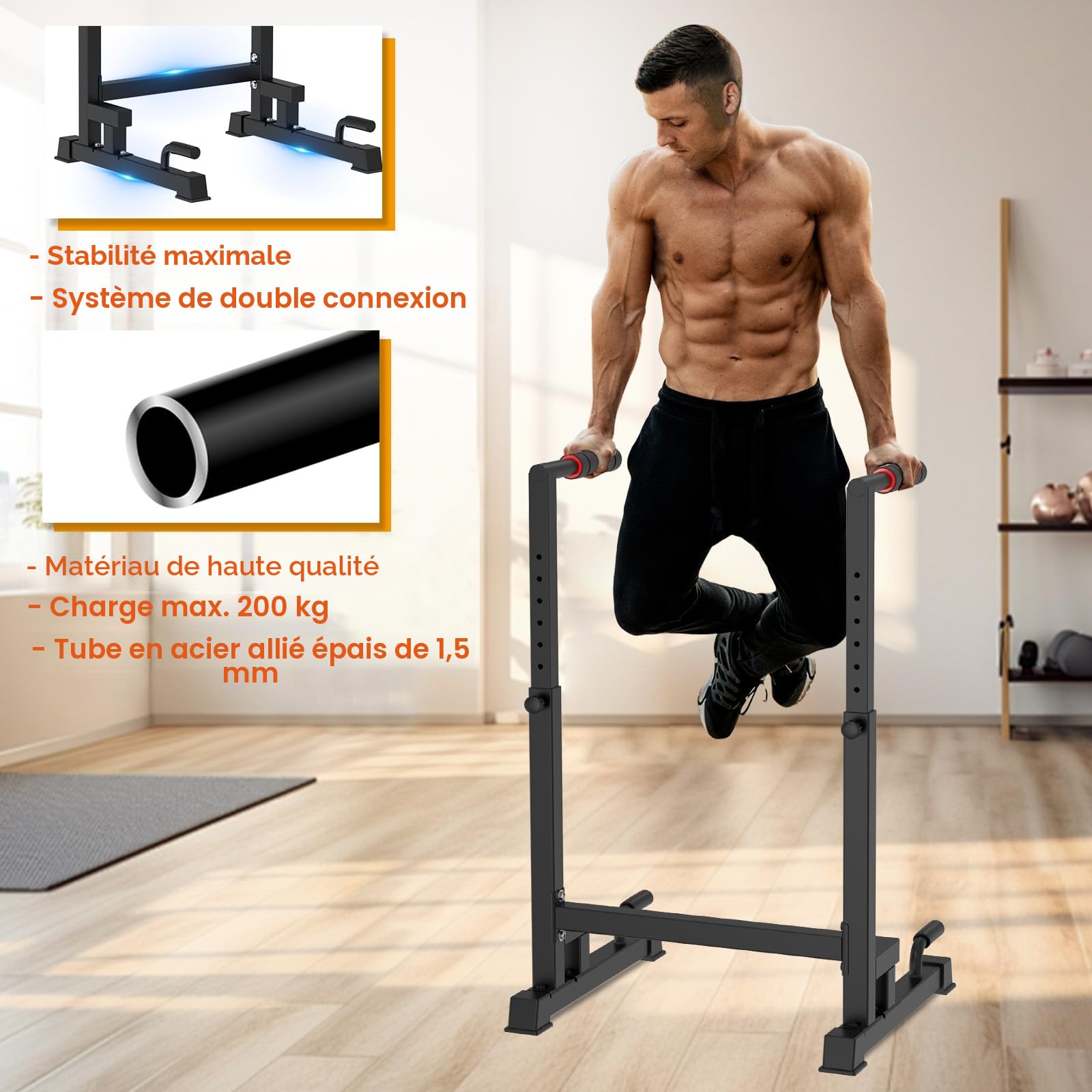 DH FitLife Barres de Dips | Station de Dips Hauteur Réglable (100-130 cm, 9 Niveaux) | Parallettes Musculation & Calisthenics | Appareil de Fitness pour la Maison