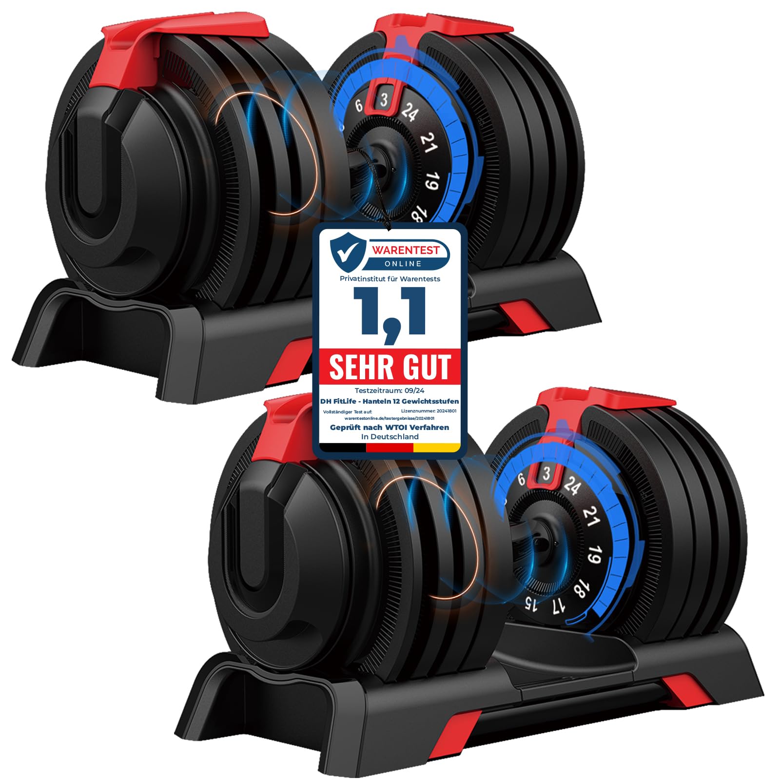 DH FitLife Verstellbare Kurzhantel 18/24 kg, 12 Gewichtsstufen, 12 in 1 Hantel, Einzelhantel oder Hantelset, Adjustable Dumbbell für Krafttraining zuhause