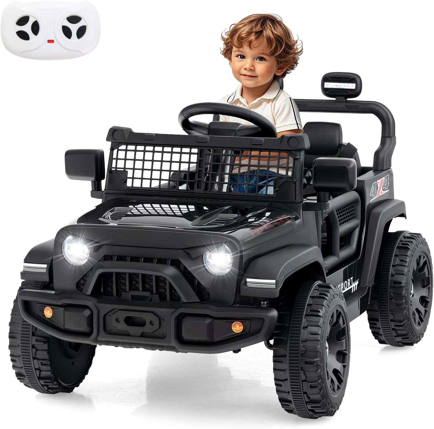 OLAKIDS 12V Ride On Truck, Battery Powered Electric Vehicle for Kids with Remote Control, Foldable Reflective Mirror, Spring Suspension, Music, LED Lights, Ride on Toy for 3+ Boys Girls (Black)