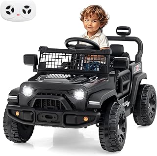 OLAKIDS 12V Ride On Truck, Battery Powered Electric Vehicle for Kids with Remote Control, Foldable Reflective Mirror, Spring Suspension, Music, LED Lights, Ride on Toy for 3+ Boys Girls (Black)