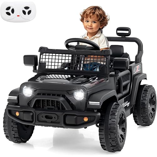 OLAKIDS 12V Ride On Truck, Battery Powered Electric Vehicle for Kids with Remote Control, Foldable Reflective Mirror, Spring Suspension, Music, LED Lights, Ride on Toy for 3+ Boys Girls (Black)