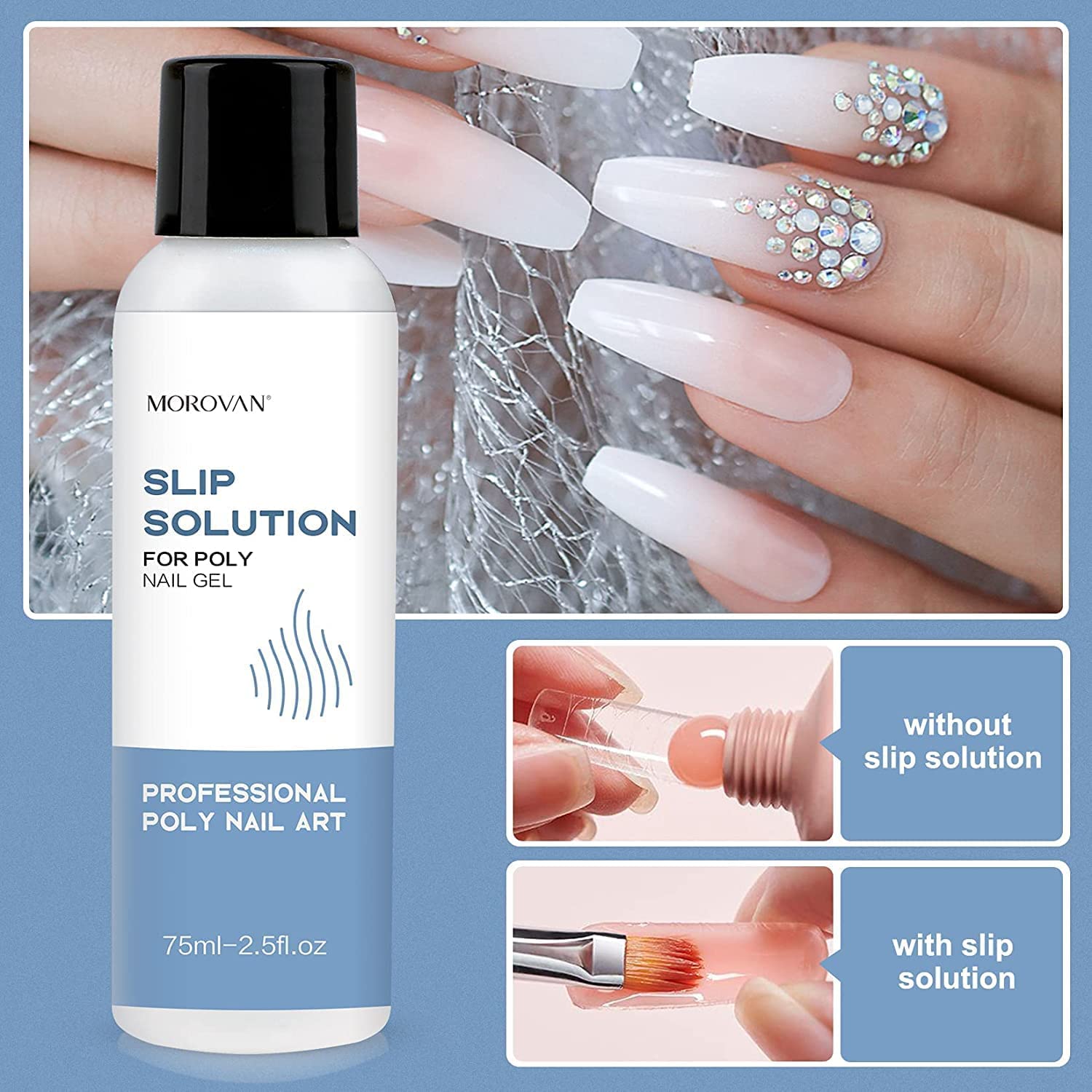 Morovan Slip Solution Poly Gel 2.5oz Nail Extension Gel Slip Solution Anti-stick Gel Solution Liquid With Brush Nail Tips Clips Crystal Cup for Poly Nail Gel Nail Art Kit Easy DIY : Beauty & Personal Care