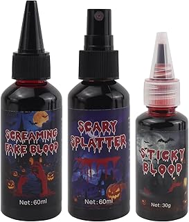 Halloween Makeup kit - Fake Blood Washable + Liquid Latex + Scar Wax with Spatula Tool + Fake Blood Spray + 2 Stipple Sponge (A-3 pieces)