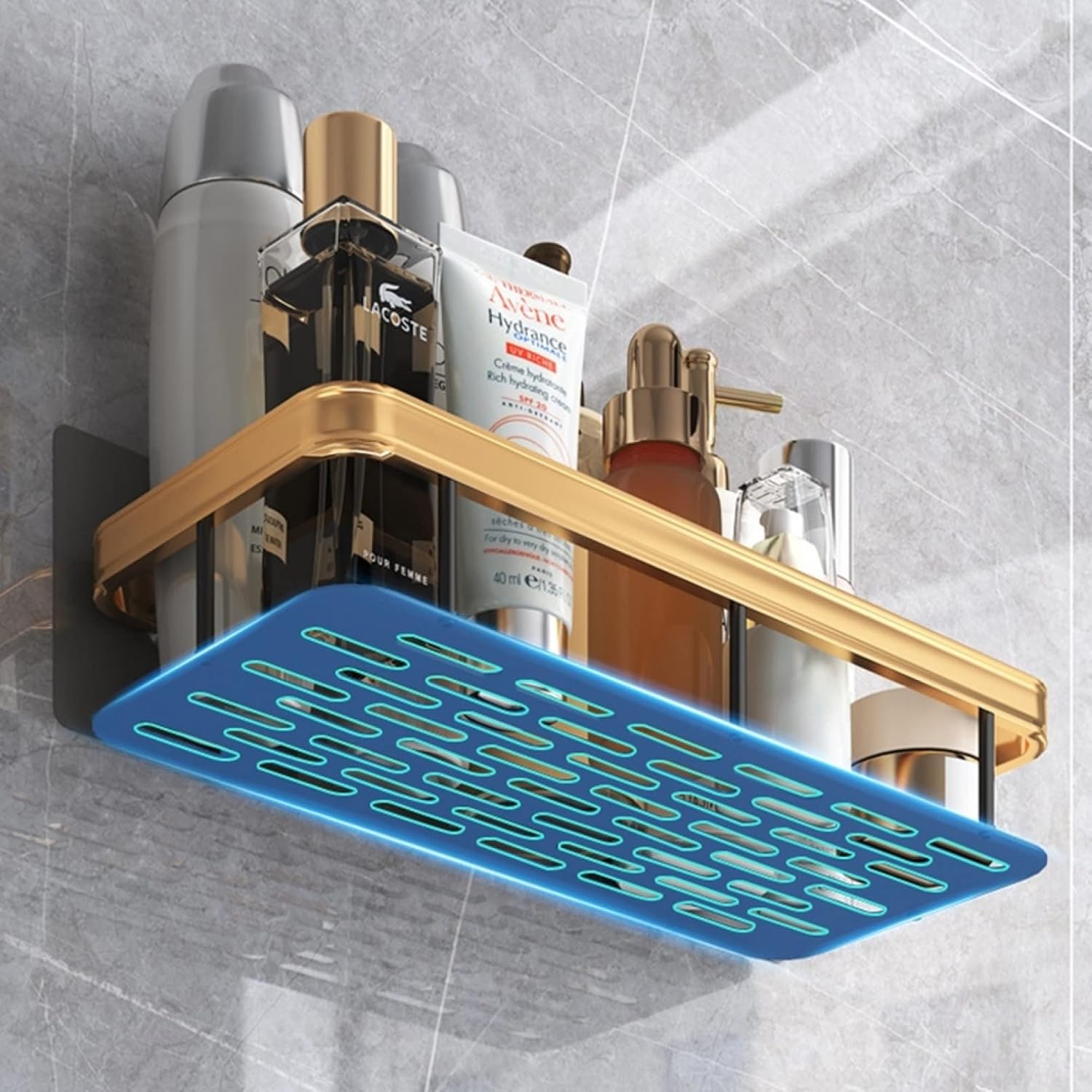 豪華なゴールデンコーナーシャワー収納ラック ドリル不要 バスルームの棚と仕切り付き 洗面用具やアクセサリーを入れる