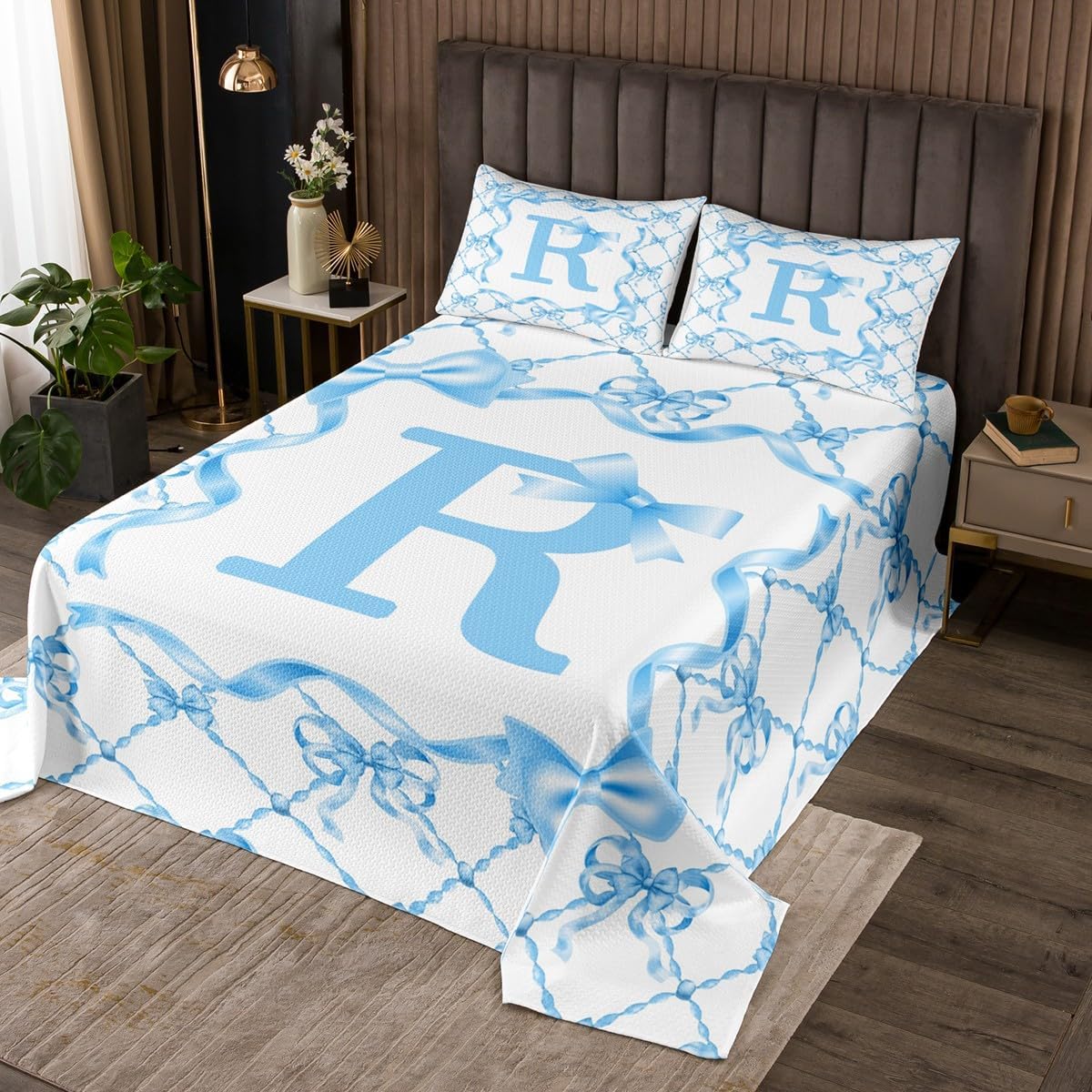 Erosebridal Blue Initial Kids Bedspread Sets King Size for Girls - Coquette Bow Cute Coverlet Set Girly Preppy Letter Bed Set with Bow Design Initial Birthday Gifts Bedding Set