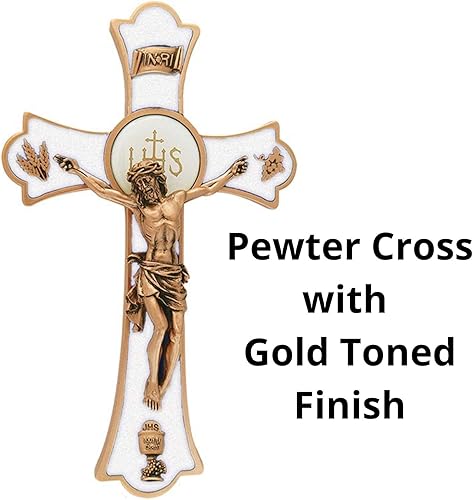 Miniatura 3 de Jeweled Cross First Communion Holy Mass Crucifix con cruz de pared de cáliz, 8 pulgadas de altura, tono dorado y blanco, epoxi