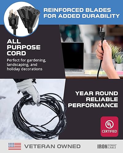 Miniatura 6 de Iron Forge Cable Paquete de 2 cables de extensión negros de 50 pies con 3 tomas, cable de extensión SJTW de 16/3 de 50 pies, 3 clavijas, cable