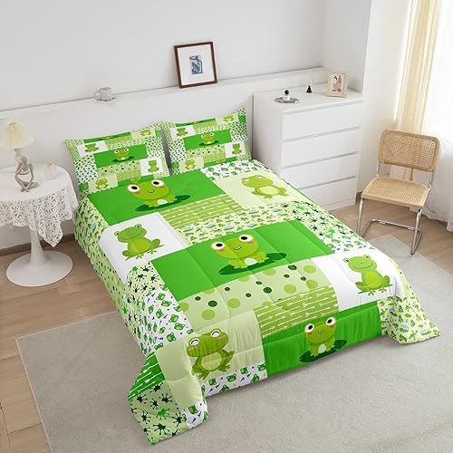 Miniatura 3 de Juego de edredón de rana verde, edredón tropical de anfibios para niños, niñas, adolescentes, juego de ropa de cama con estampado geométrico de