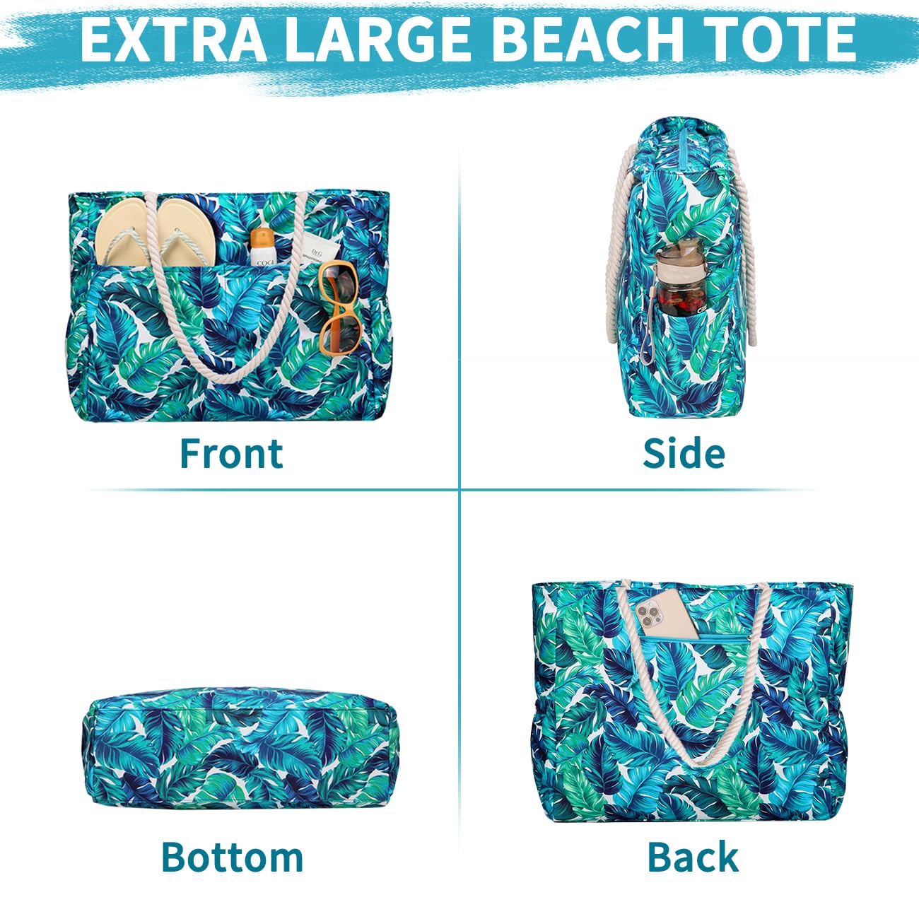 RAVUO Sac De Plage,Oversize Sac Cabas Femme Avec Fermeture Éclair Résistant À L'eau Sac Fourre Tout Léger Famille Sac De Piscine Pour La Plage,Piscine,Gymnase,Voyage