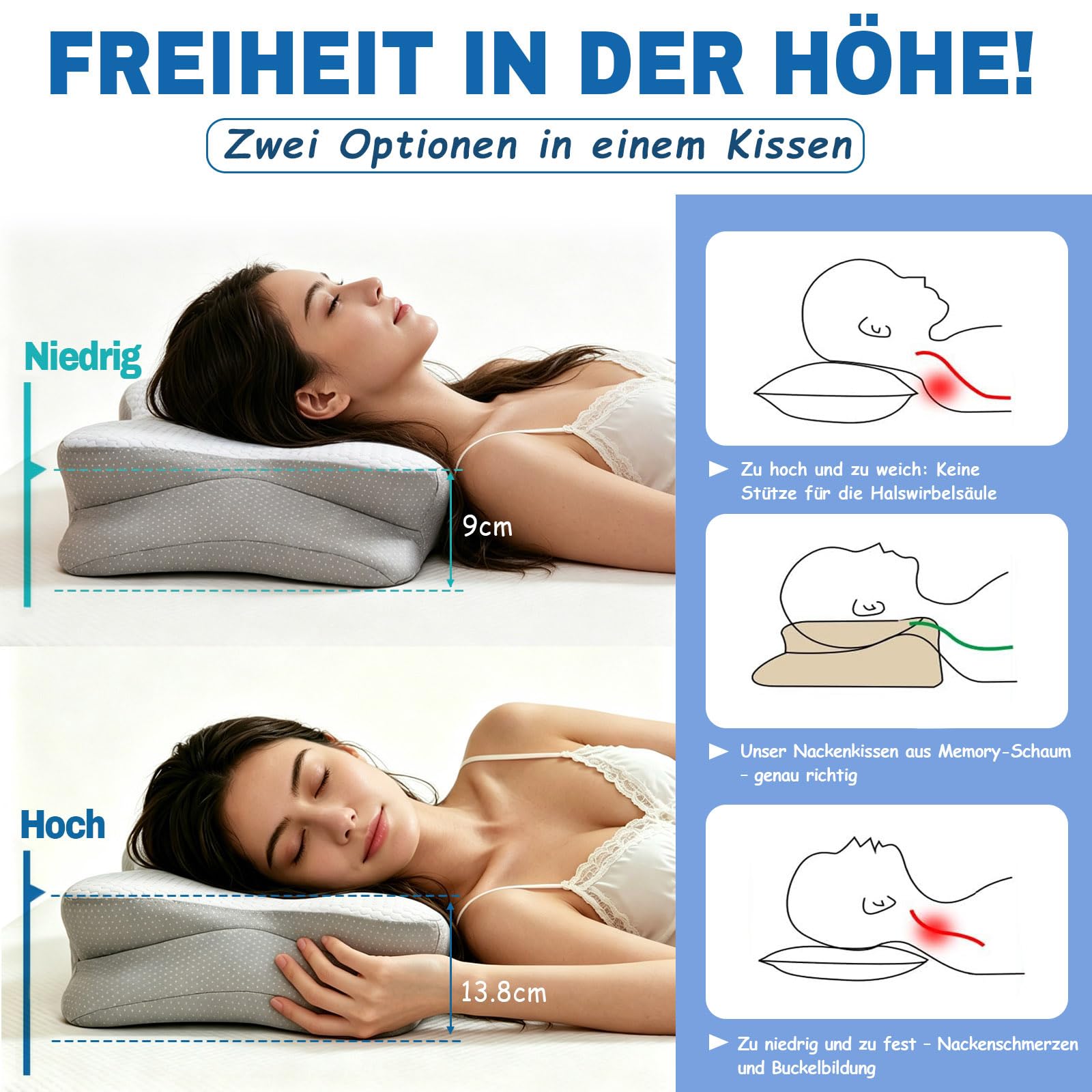 Nackenkissen Kopfkissen - Memory Foam Kissen - Ergonomisch Seitenschläferkissen - Nackenstützkissen für Seiten, Rücken Bauchschläfer, Grau