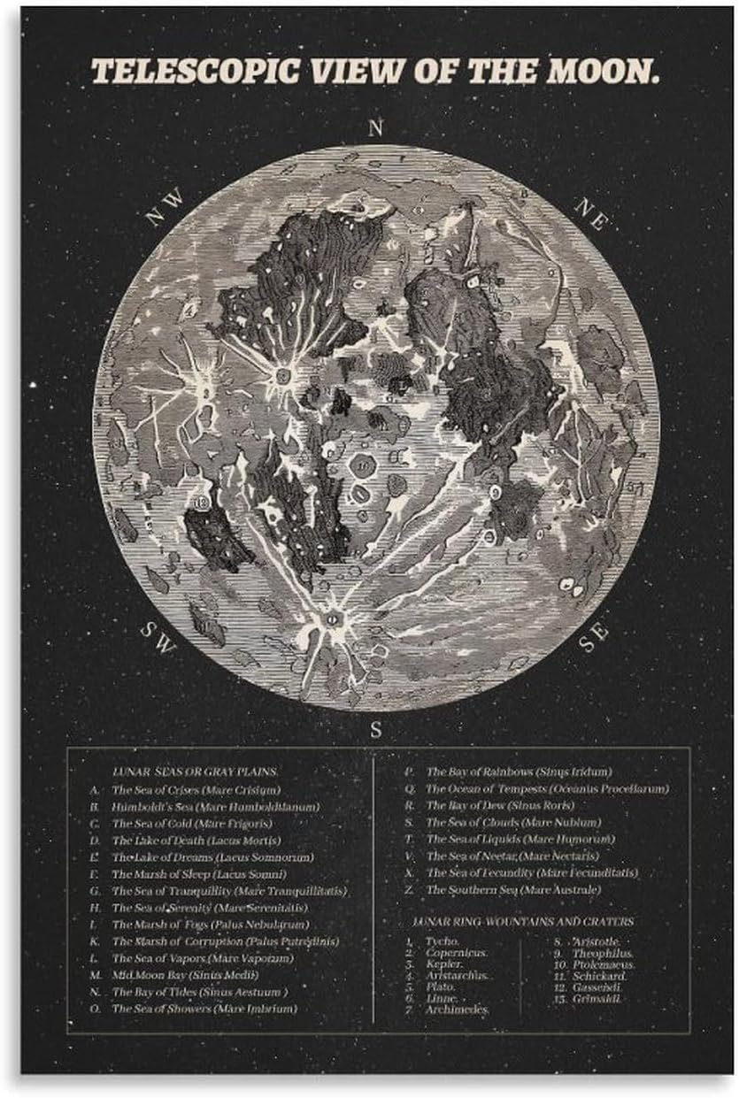 - Vintage Telescopic Moon Map Poster - Antique Lunar Surface Chart with Craters & Seas, Astronomy Decor for HomeOffice, Dark Academia Space Wall ArtUnframe-style 12x18inch(30x45cm)