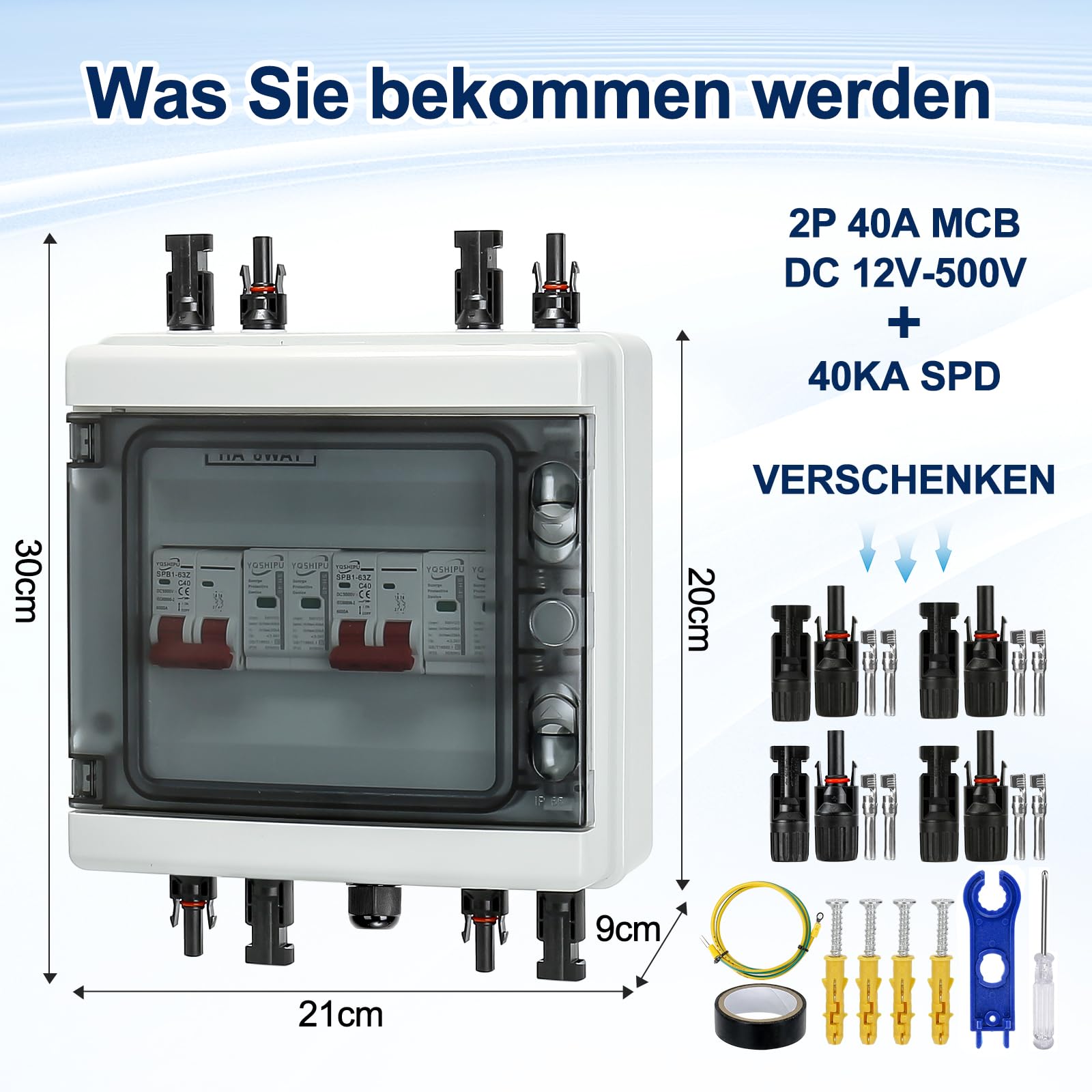 Protezione Sovratensione Fotovoltaica, 500V 40A 20-40KA Scatola Combinata Fotovoltaica, 2 In 2 Out Interruttore Automatico DC Protezione Contro Scaricatore di Sovratensione per Esterni Sistema Solare