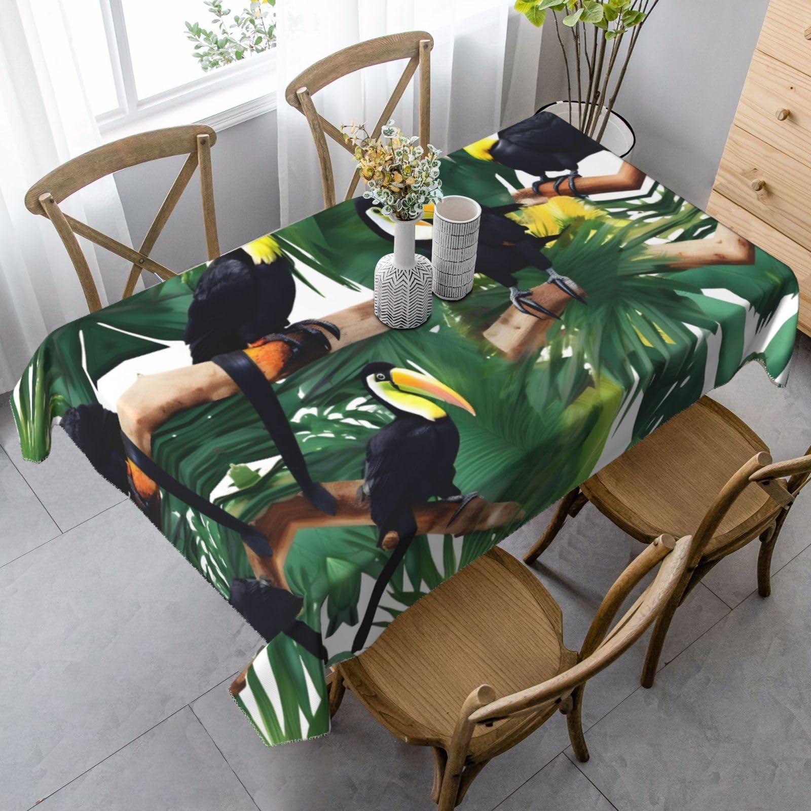 Etasuiol Black Toucans Parrot Palm Tree Leaves Print Farmhouse Tablecloth,Party Rectangular Tablecloth,Soft Peachskin Fabric
