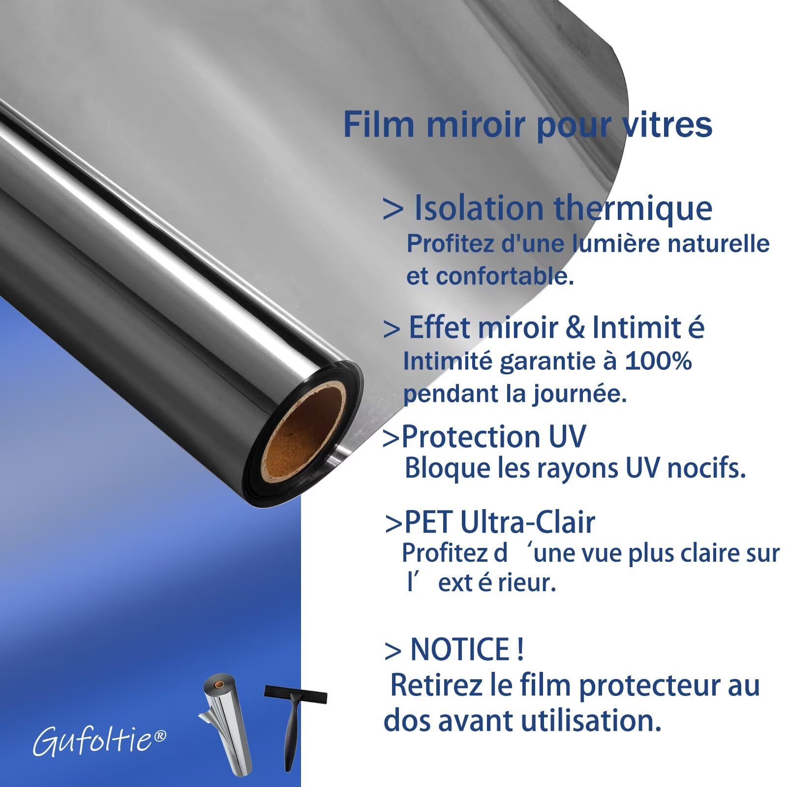 Film Miroir pour Fenetre 44.5x200cm Anti Regard Adhesif Effet Miroir sans Tain Brise Vue Anti Chaleur Anti UV Argenté