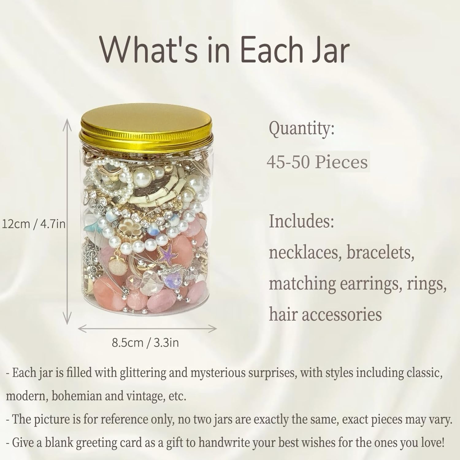 45-50 pcs Mystery Jewelry Jar, Surprise Jewelry Set for Woman Includes Necklaces, Earrings, Rings, Bracelets and Hair Clips, Unique Anniversary Birthday Friendship, Goth Gift for Her