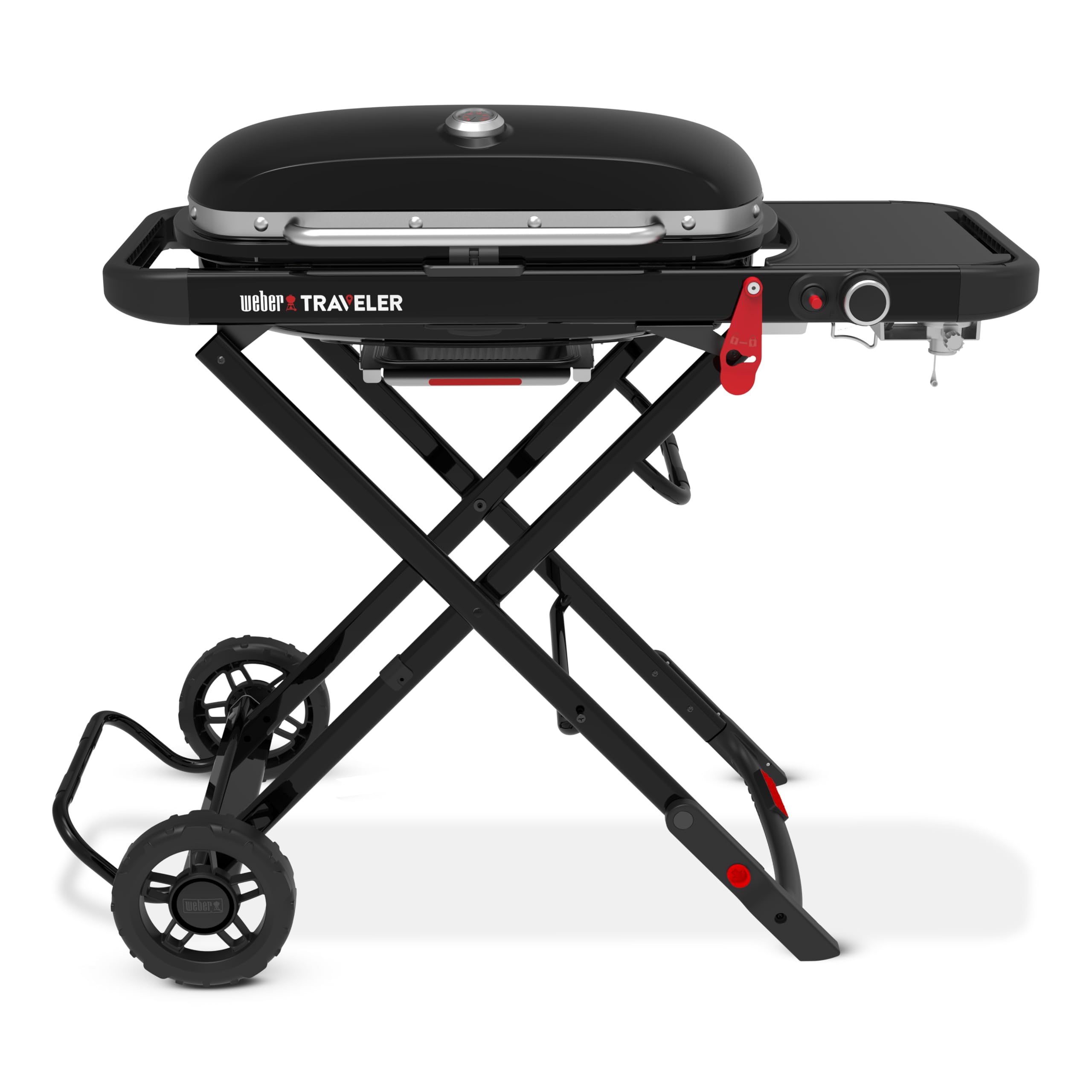 Weber Traveler Portable Gas Barbecue with Folding Cart & Wheels/Portable BBQ, Porcelain-Enamelled Cast Iron Grates, Built-In Lid Thermometer, 3.81 kW Burner, 2065 cm² Cooking Surface, Black