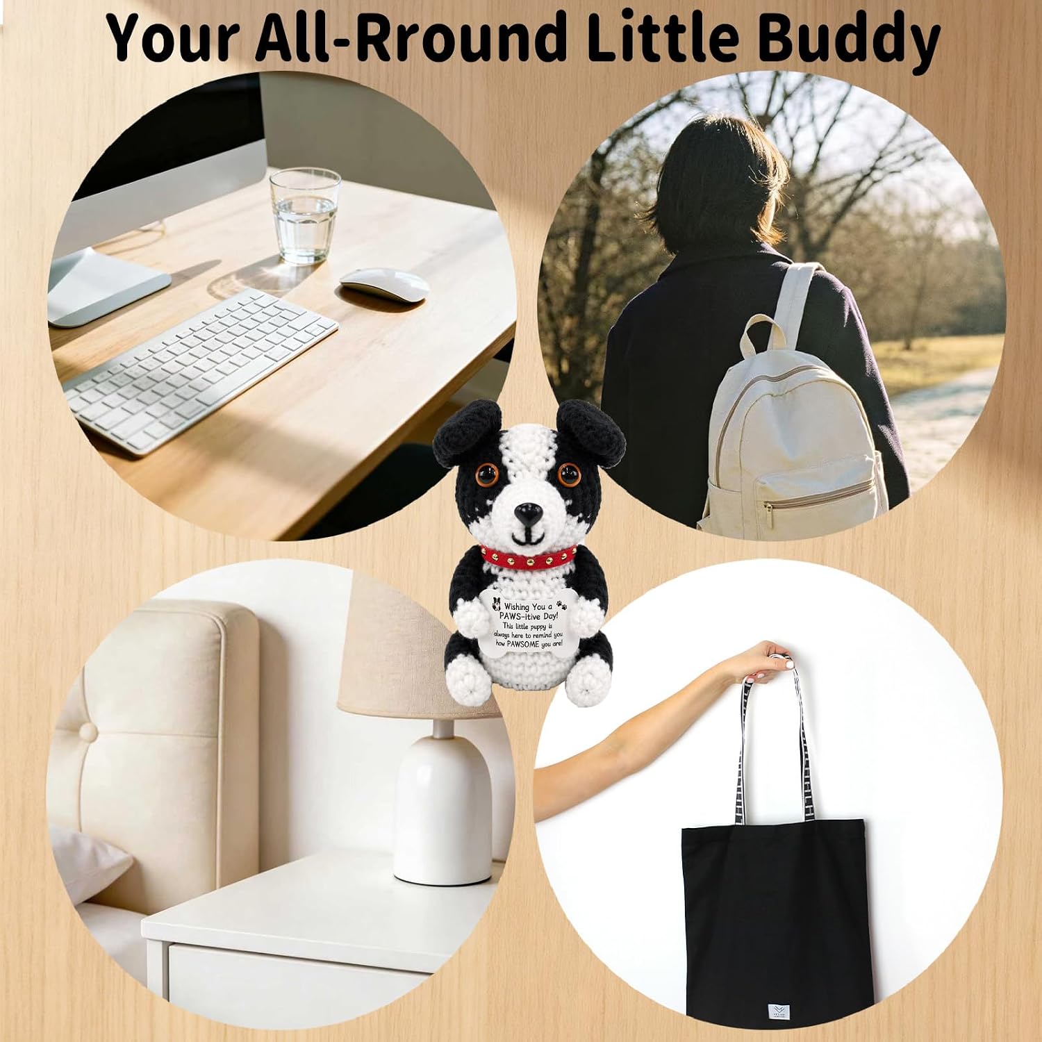 Crochet Dog Emotional Support Positive Crochet Animal – Border Collie with Encouragement Card and Clear Stand, Inspirational Gifts, Desk Ornament for Friends Coworkers