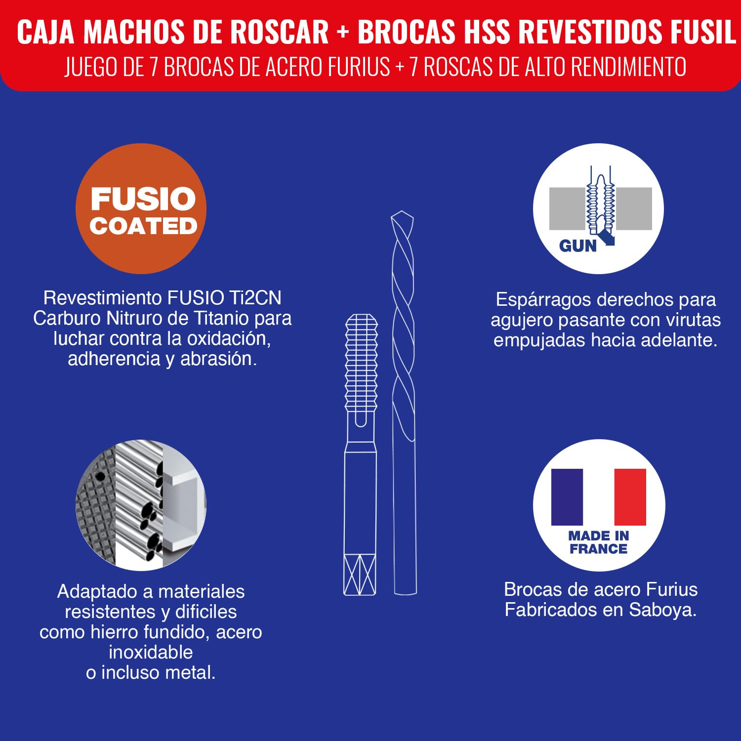 TIVOLY - Caja de Machos de roscar + Brocas HSS revestidas Fusio - Set de 7 machos de roscar M3/M4/M5/M6/M8/M10/M12 + 7 brocas Ø 2,5-3,3-4,2-5-6,8-8 ,5-10,2mm