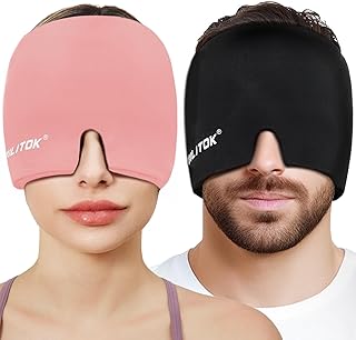 Migraine Relief Gel Ice Head Wrap, Hot and Cold Therapy Headache Relief Hat, Migraine Cap for Puffy Eyes, Headache Eyes Mask for Sinus, Tension and Stress Relief (Black & Pink)
