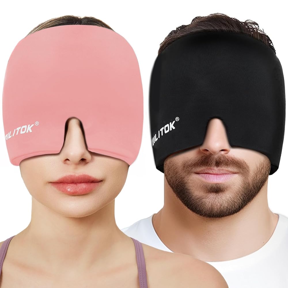 Migraine Relief Gel Ice Head Wrap, Hot and Cold Therapy Headache Relief Hat, Migraine Cap for Puffy Eyes, Headache Eyes Mask for Sinus, Tension and Stress Relief (Black & Pink)