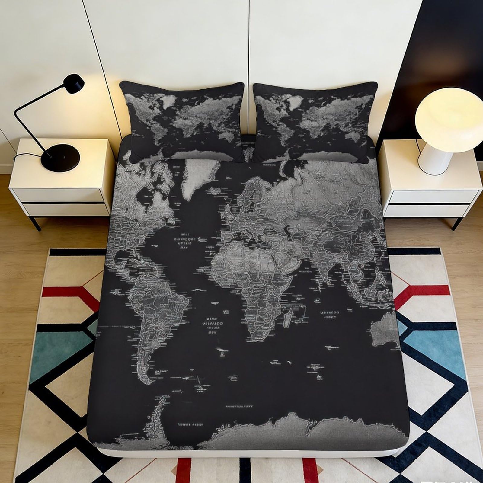 3D Printed World Map Fitted Sheet Microfiber Deep Pocket Non-Slip Bedroom Bedding World Map Mattress Fitted Cover Full Wrap 140x200x25cm
