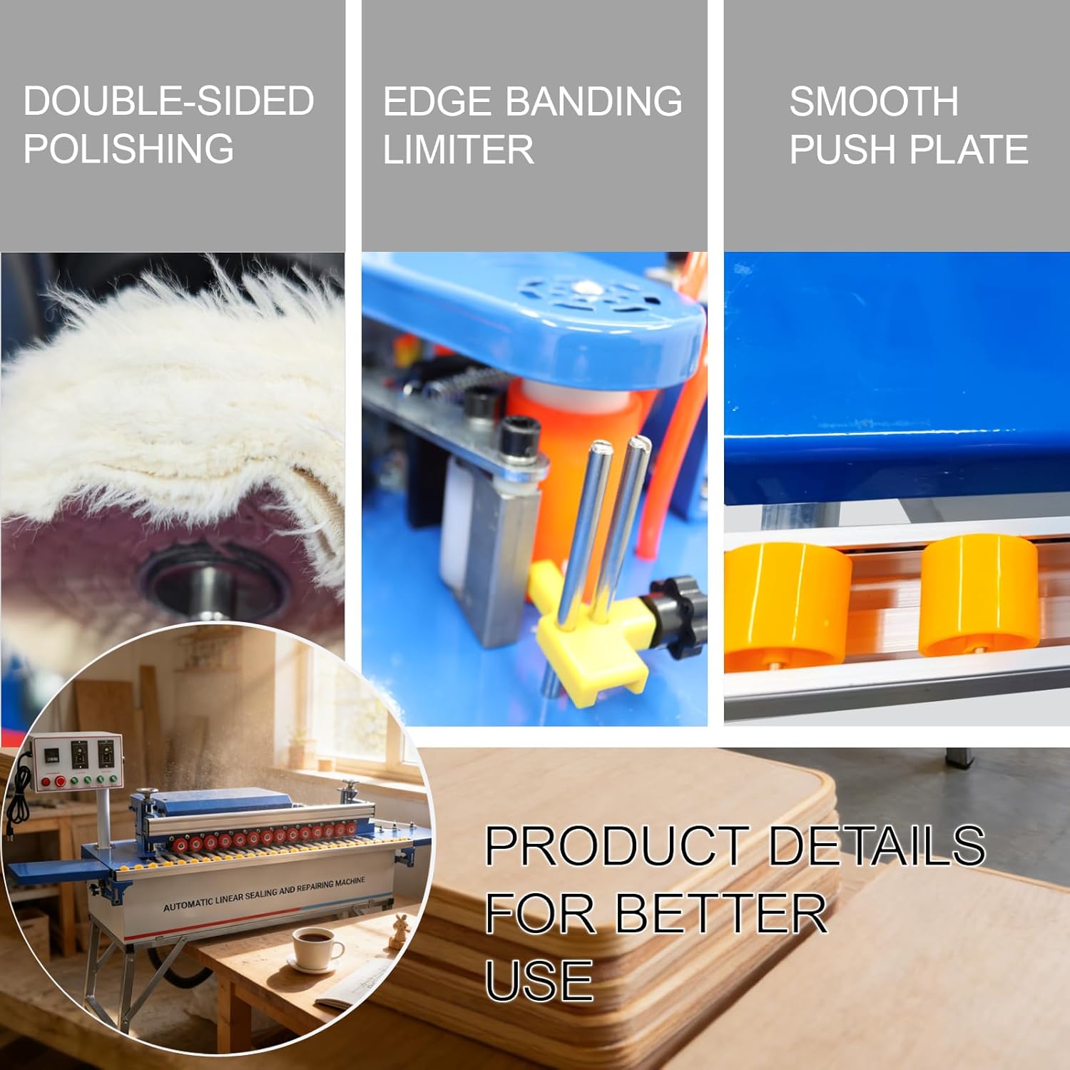Woodworking Edge Banding Machine Straight Edge Bander Machine with Dust Extraction Function Upper Control Panel Double-Side Gluing Automatic Tape Breaking 110V
