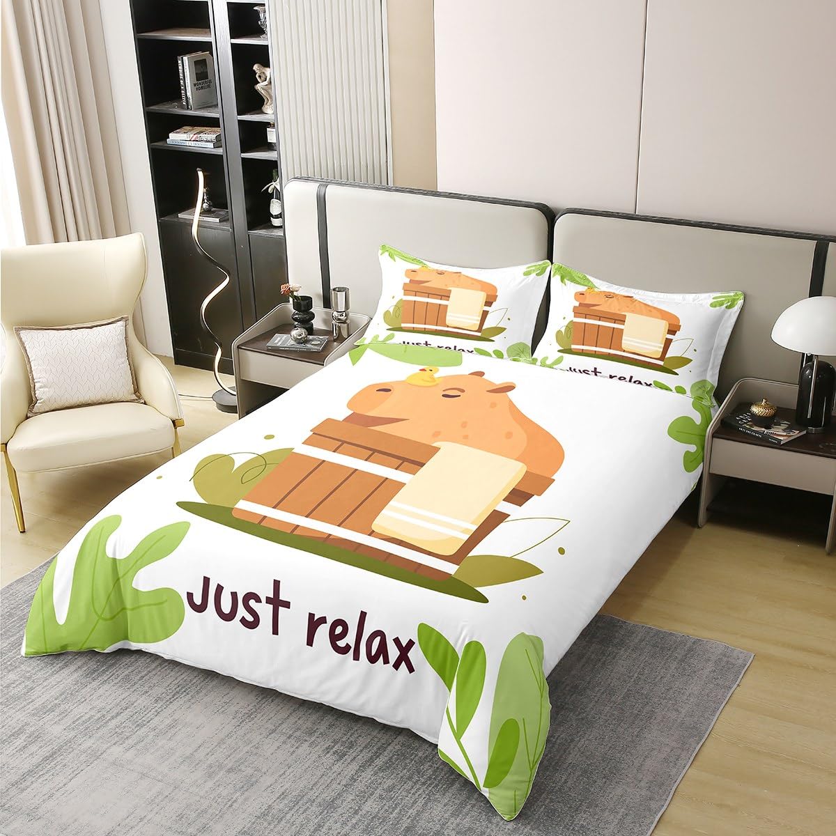 100% Washed Cotton Funny Capybara Duvet Cover,Capybara Sitting In A Spa Bucket Bedding Set Single,Cartoon Style Rodent Animal Comforter Cover,Botanical Green Leaves Quilt Cover with Zipper - Image 2