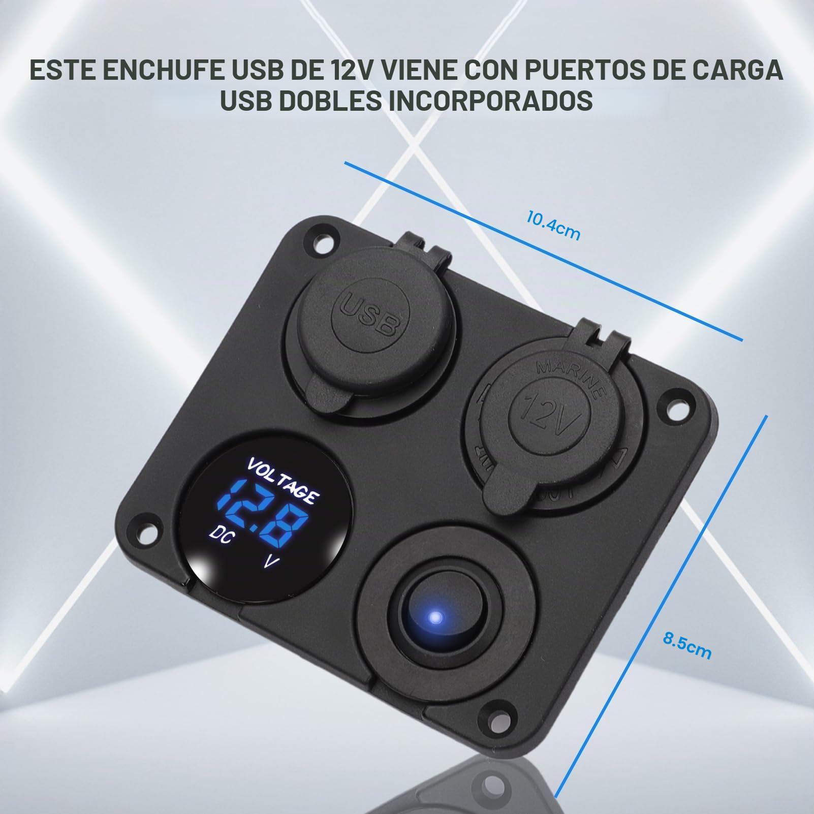 4 en 1 Panel de Enchufes Adaptador USB Dual Voltímetro Azul | Universal Adaptador para Cargador Dual, Encendedor de Cigarrillos, uso Coche Camión Barco Marino