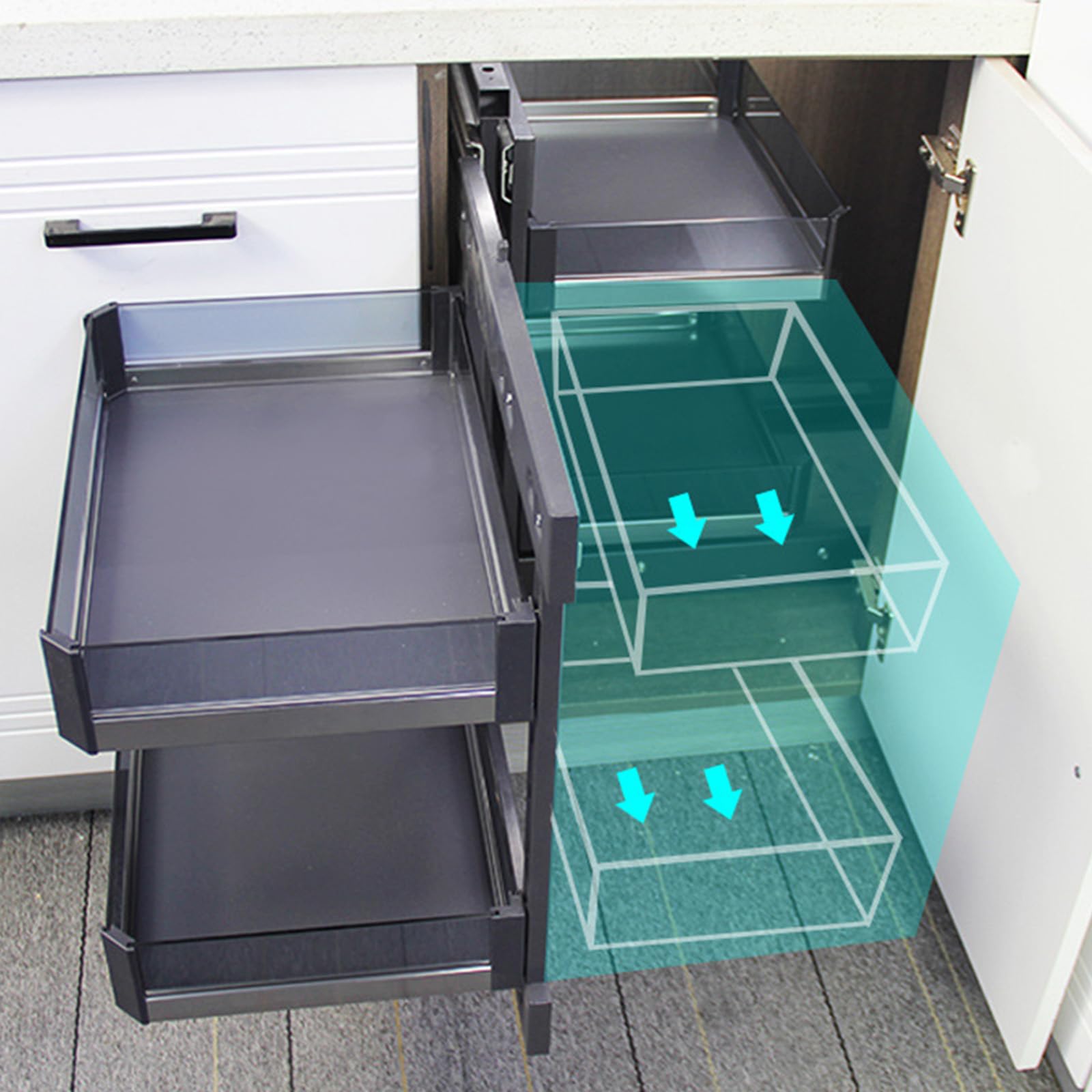 Szuflada do kuchni Organizator do szafek kuchennych Półka narożna Aluminiowa obrotowa półka przechowywania, 4 kosze aluminiowe Optymalizator narożników Całkowicie wysuwany, A(A)