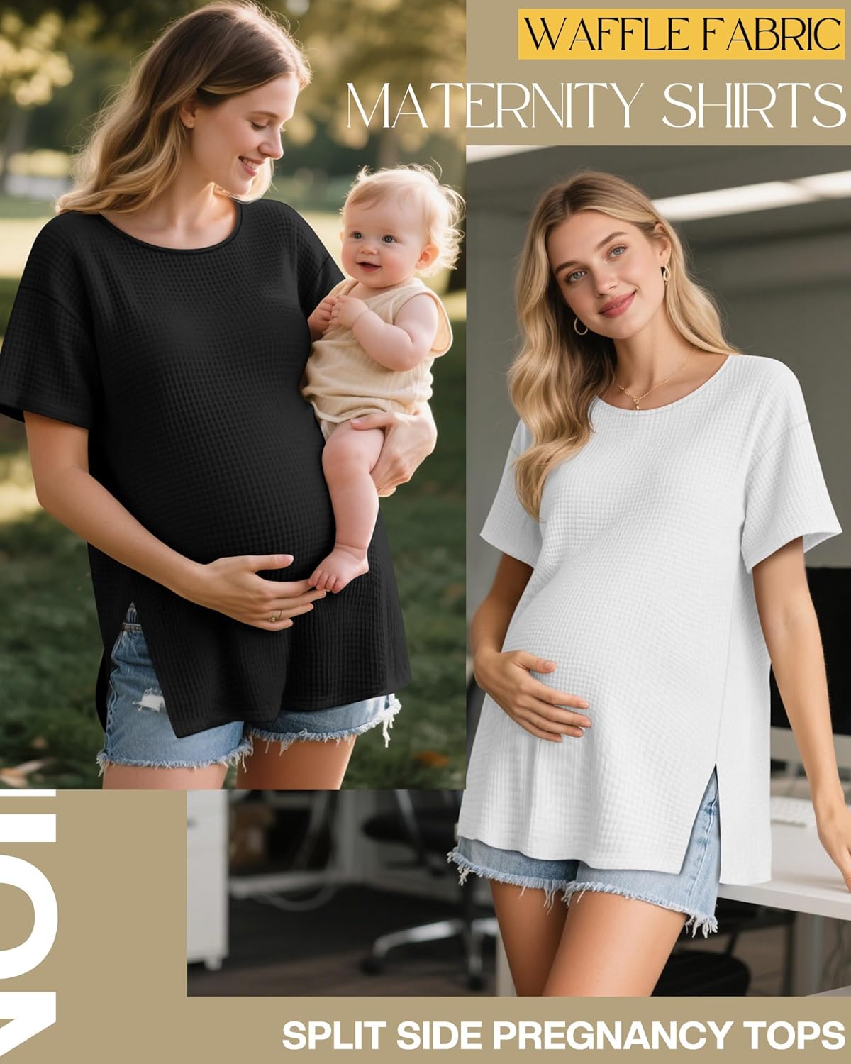 Neer 3 Pack Women's Waffle Maternity Shirts, Drop Shoulder Short Sleeve Split Side Pregnancy Tops Crewneck Loose Basic Tee - Image 5