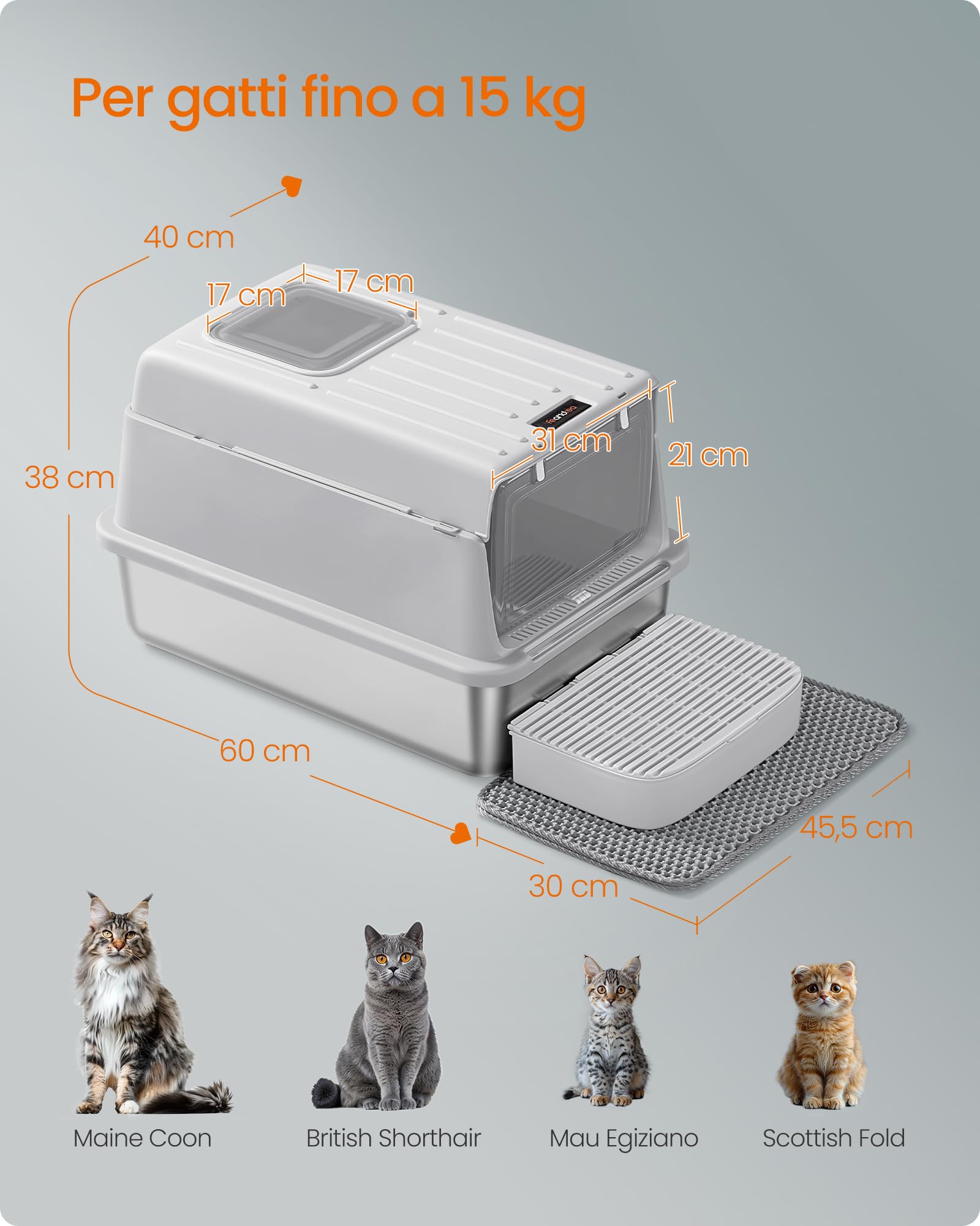 Feandrea Lettiera per Gatti in Acciaio Inox, Toilette per Gatti fino a 15 kg con Coperchio, con Paletta, Tappetino per Lettiera e 2 Ingressi, Grigio Chiaro PPT007GD01
