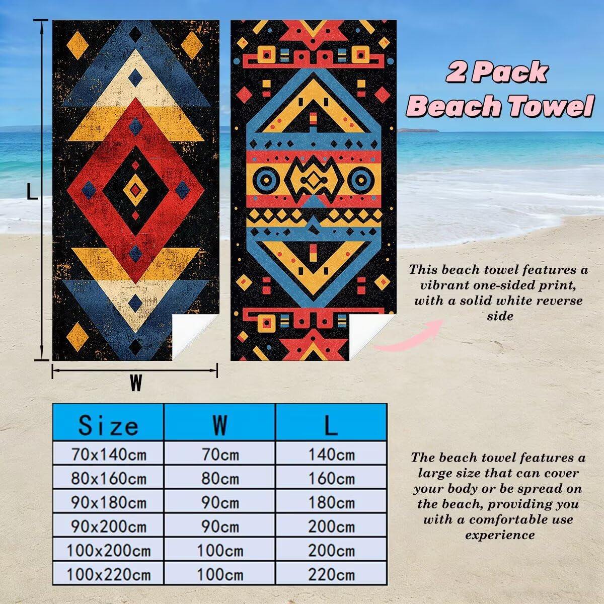 Ręcznik plażowy 90 x 180 cm, 2 szt., szybkoschnący ręcznik z mikrofibry, niezbędne w podróży, bez piasku, ręczniki plażowe z mikrofibry, retro, lekkie, bardzo duże ręczniki dla dorosłych, pływania