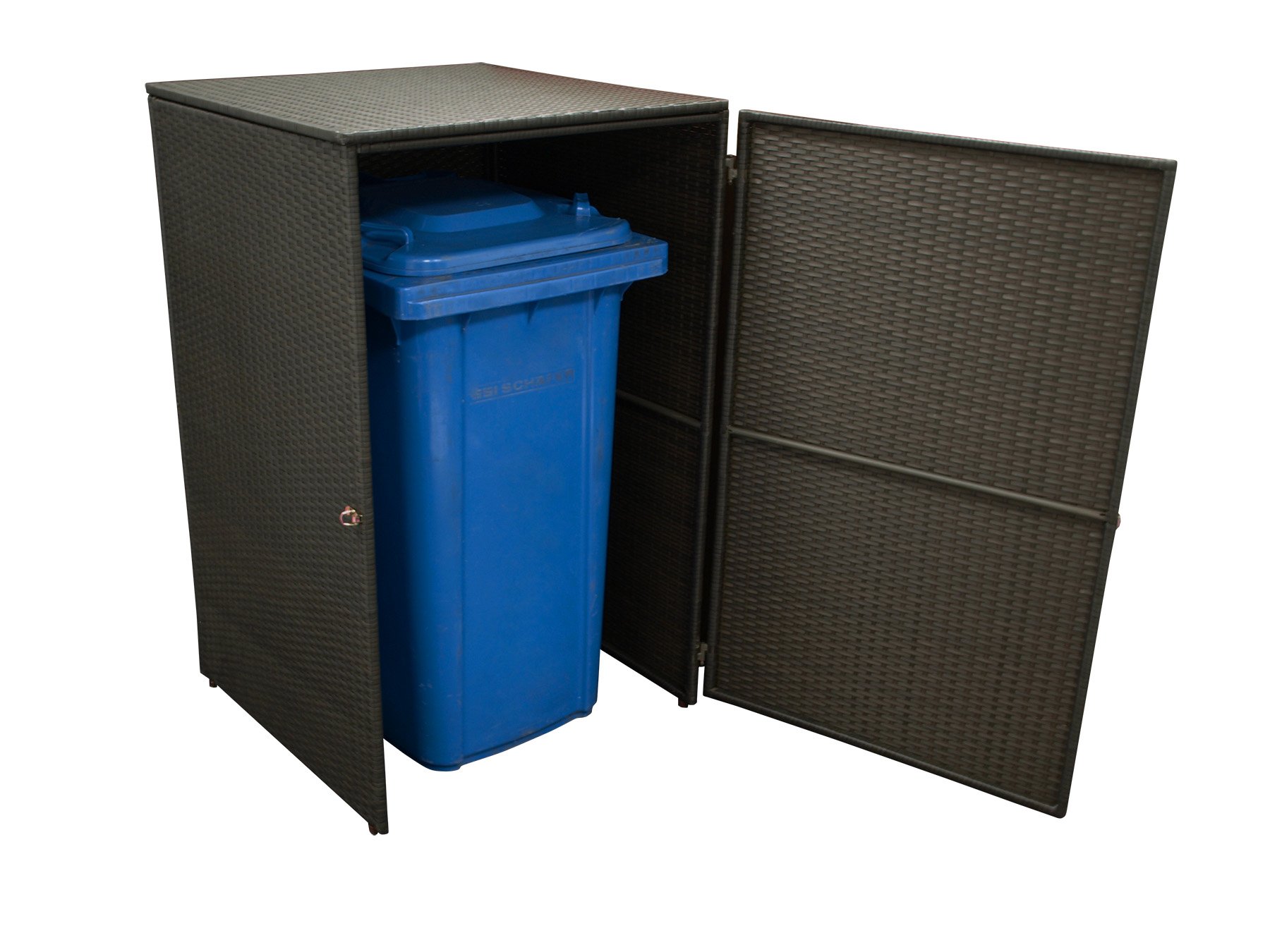 Mülltonnenbox für Grosse Tonne bis 240 Liter, 77x77x123cm, Stahl + Polyrattan Geflecht braun