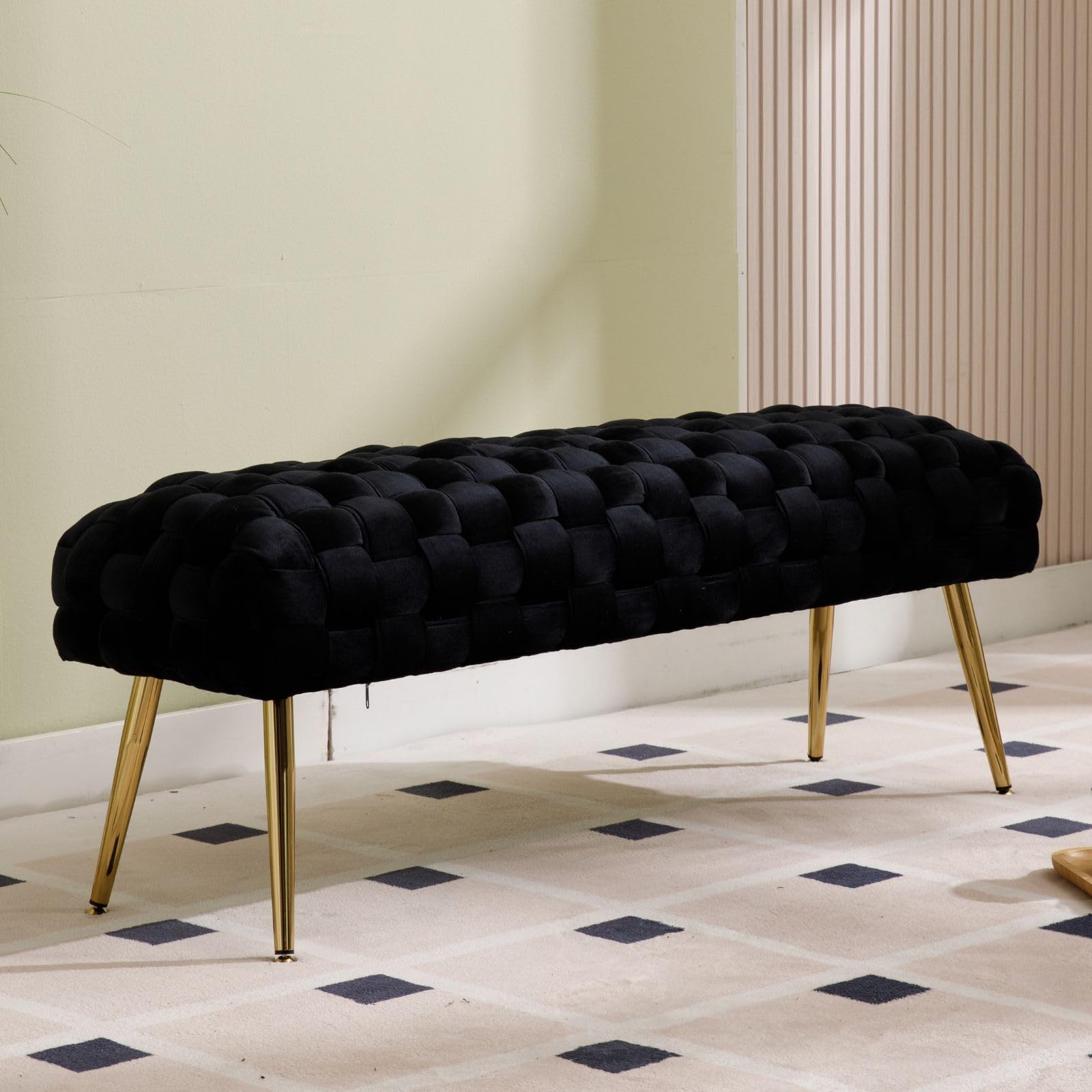 Wahson Banco Asiento de Cama de Terciopelo Banco Entrada de Recibidor con Patas Doradas,Banco Otomano Pie de Cama Moderno Banco Vestidor Elegante para Dormitorio/Salón,Negro