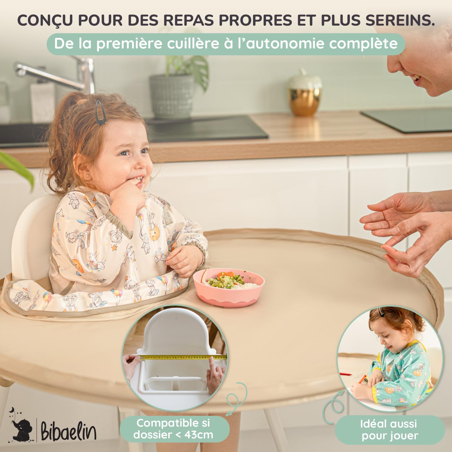 BIBATRAY™ L – Plateau pour Diversification Alimentaire Bébé & Bavoir Manches Longues Imperméable Intégral – Accessoire Chaise Haute bébé + Sac Cordon – Compatible Bebeconfort – 6 Mois+