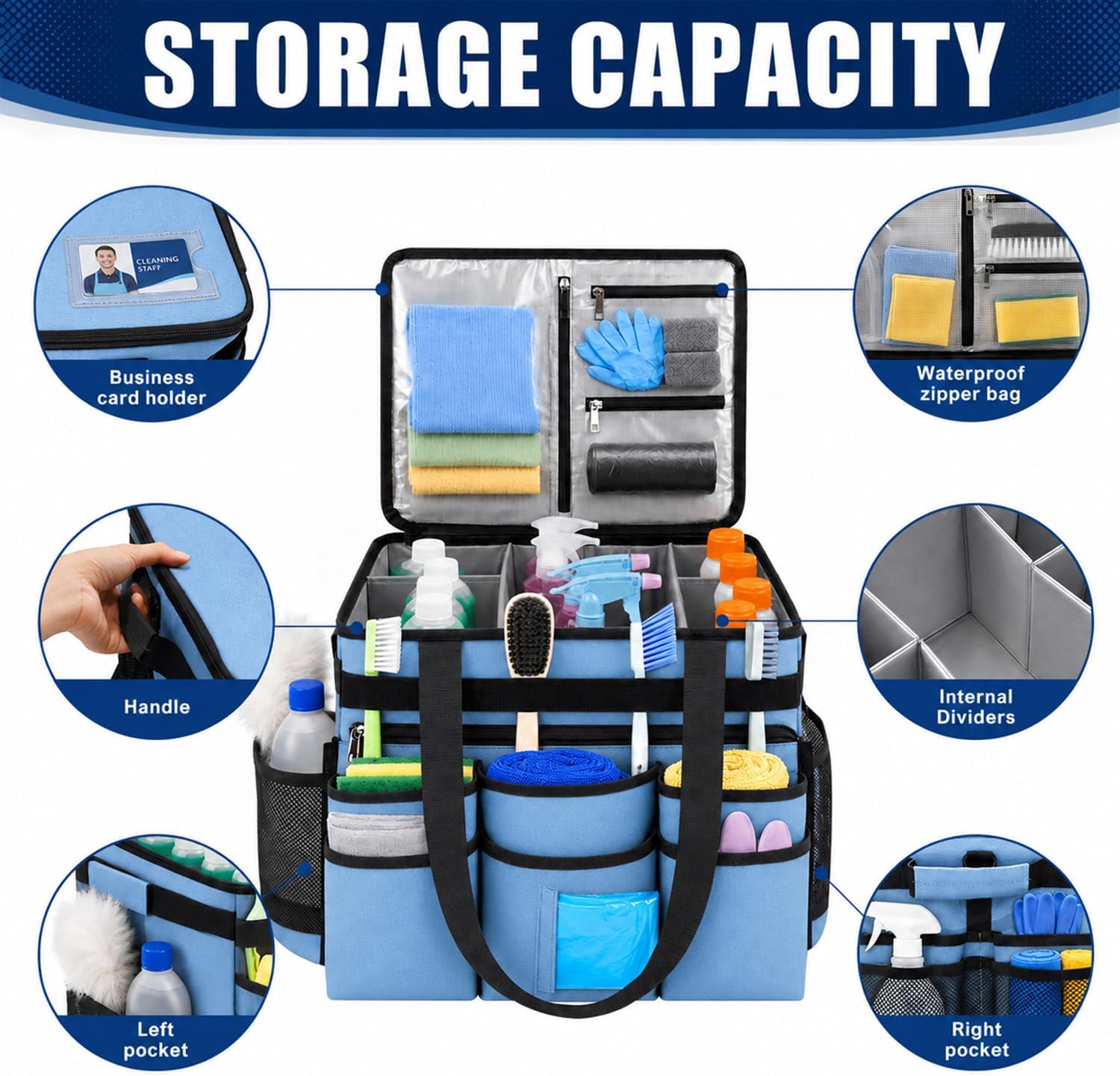 Large Rolling Cleaning Caddy Bag with Telescoping Cart, Blue image 2