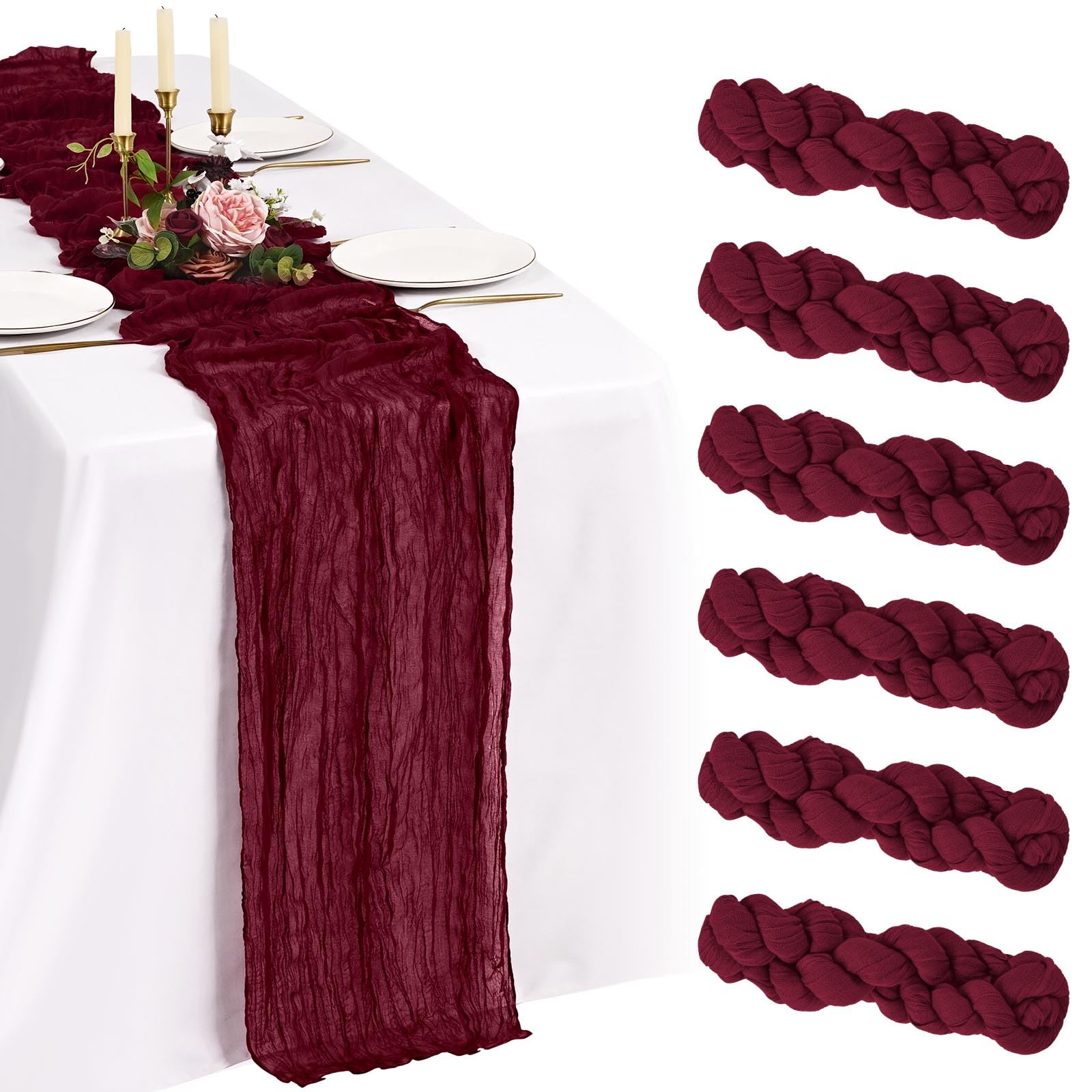 Showgeous 6 Pack Burgundy Red Cheesecloth Table Runner 10FT Boho Gauze Cheese Cloth Table Runners Romantic Rustic Sheer Table Decorations for Wedding Party Baby Shower Birthday Holiday Home