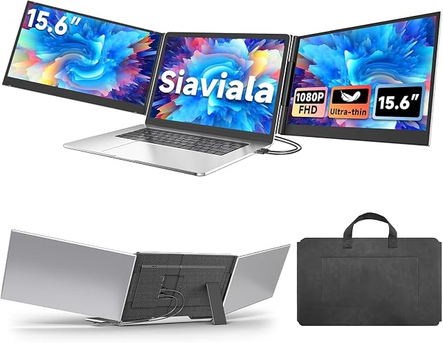 15.6" Extendeur d'écran portable - Extendeur d'écran portable pour ordinateurs portables 13-17.3", FHD 1080P Moniteur triple portable, 2 Connecteur de connexion au câble & Jouer pour Windows/Mac/Chrome/Surface