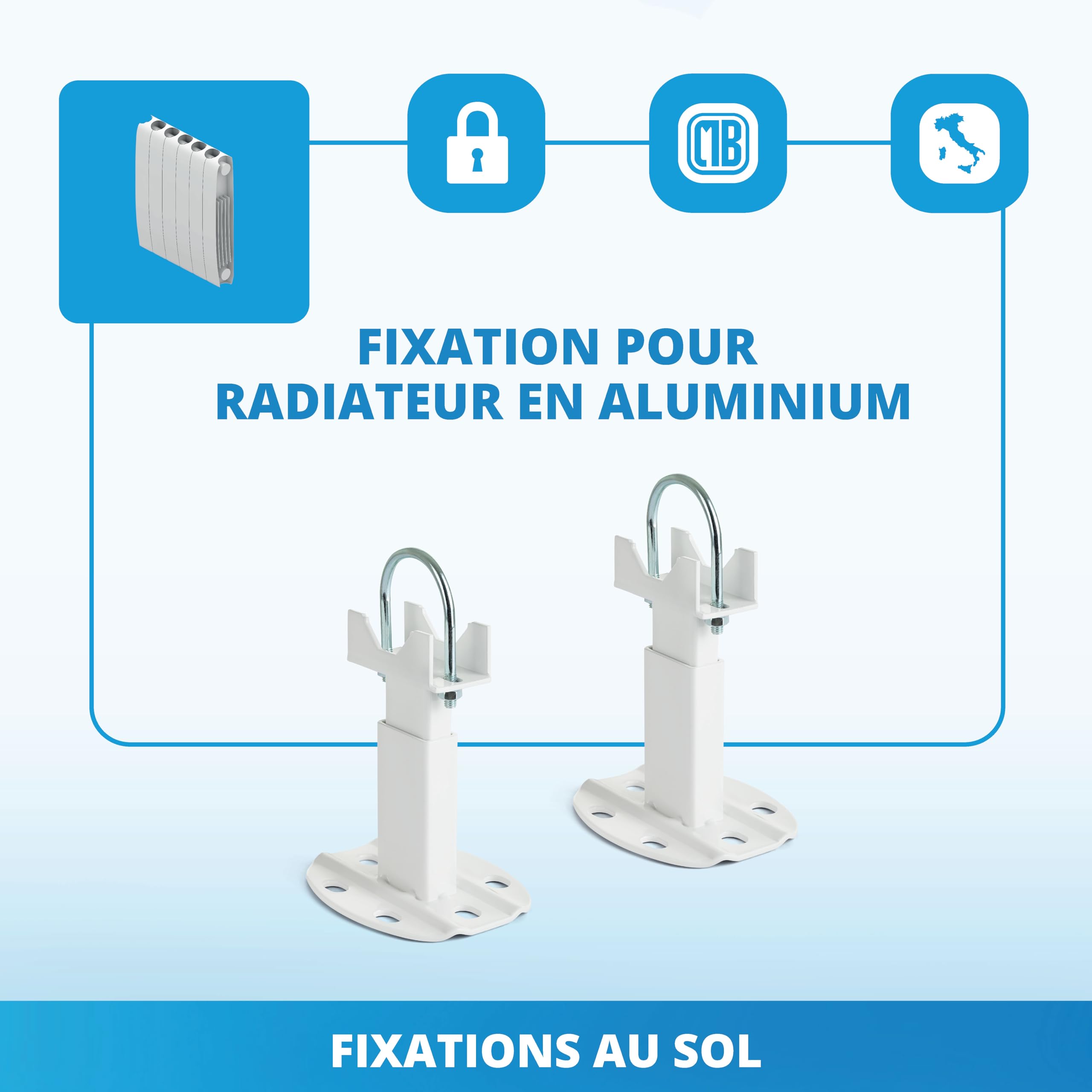 Paire de fixations au sol pour radiateurs en aluminium, avec une capacité de charge allant jusqu'à 200 kg par fixation. Système anti-décrochage avancé pour une sécurité maximale.