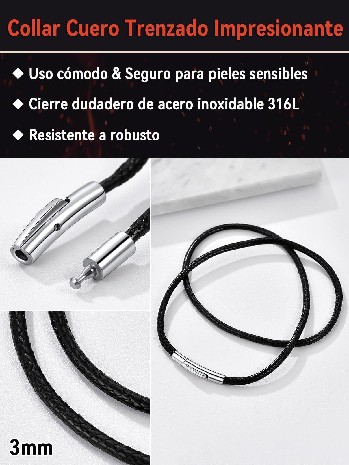 FaithHeart Collar Cuero para Colgante Cadena Cuero Hombre Mujer con Cierre Metal Acero Inoxidable 316L Collar Fino Negro/Marrón 2mm/3mm Ancho 40-75cm Largo